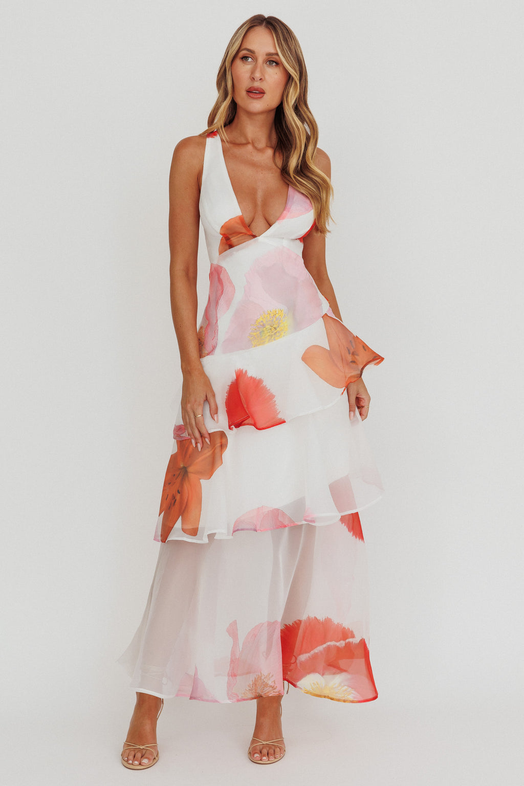 Veda Strappy Back Ruffle Maxi Dress Flowers Pink by Selfie Leslie