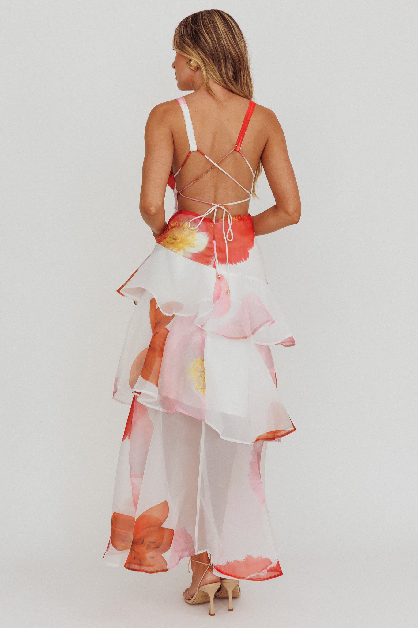 Veda Strappy Back Ruffle Maxi Dress Flowers Pink by Selfie Leslie