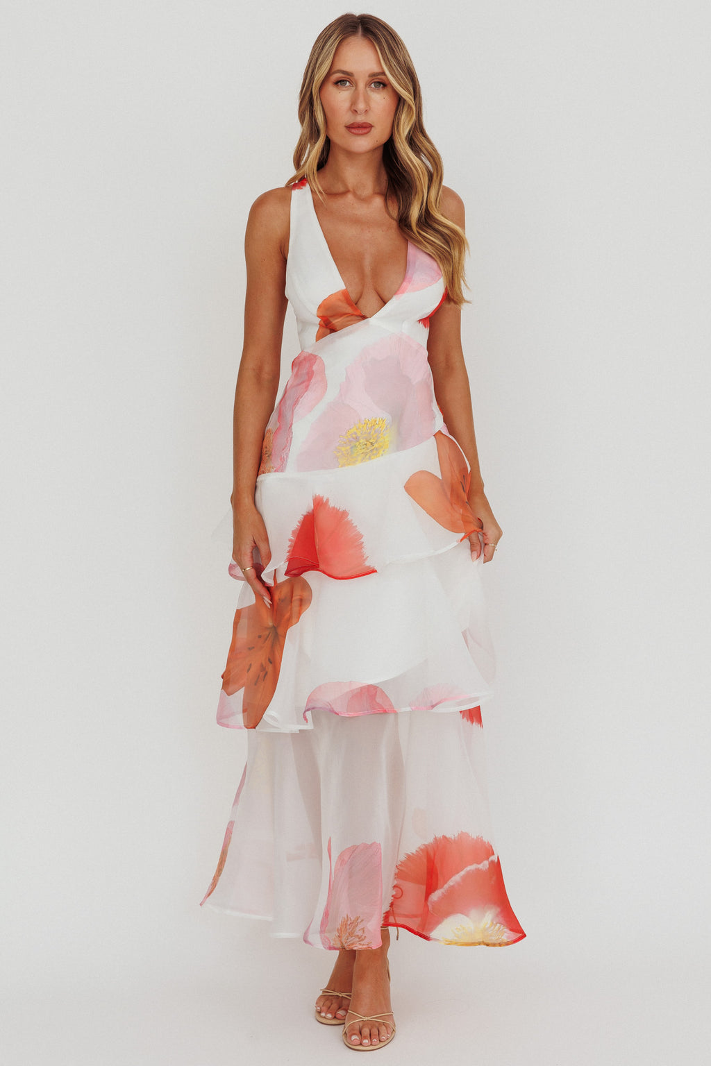 Veda Strappy Back Ruffle Maxi Dress Flowers Pink by Selfie Leslie