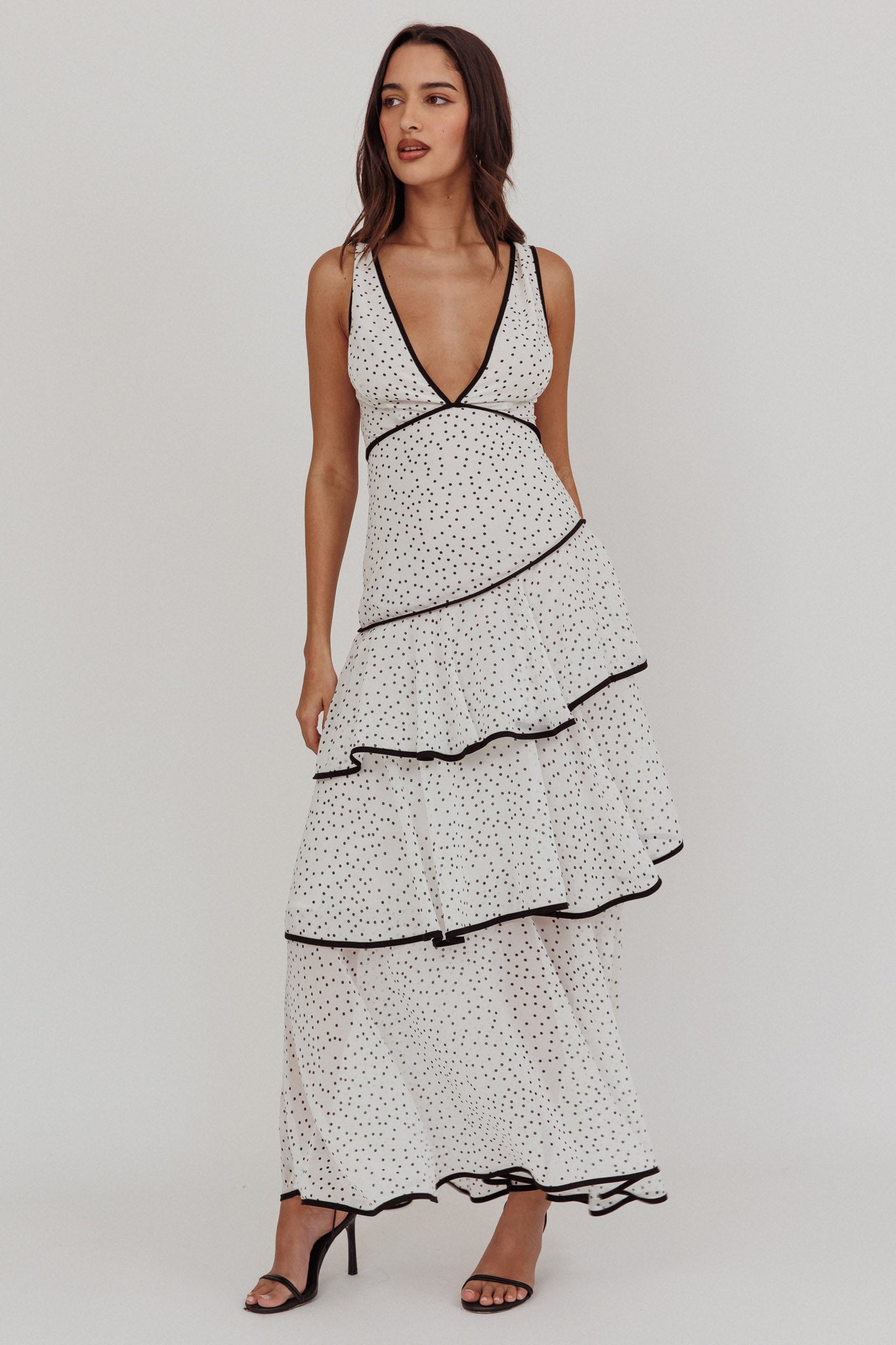 Veda Strappy Back Ruffle Maxi Dress Polka Dot White by Selfie Leslie
