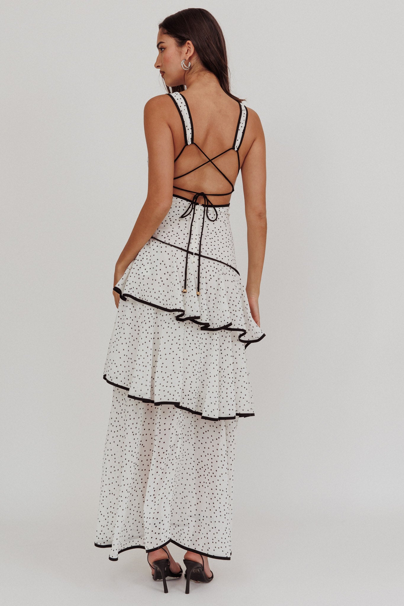 Veda Strappy Back Ruffle Maxi Dress Polka Dot White by Selfie Leslie