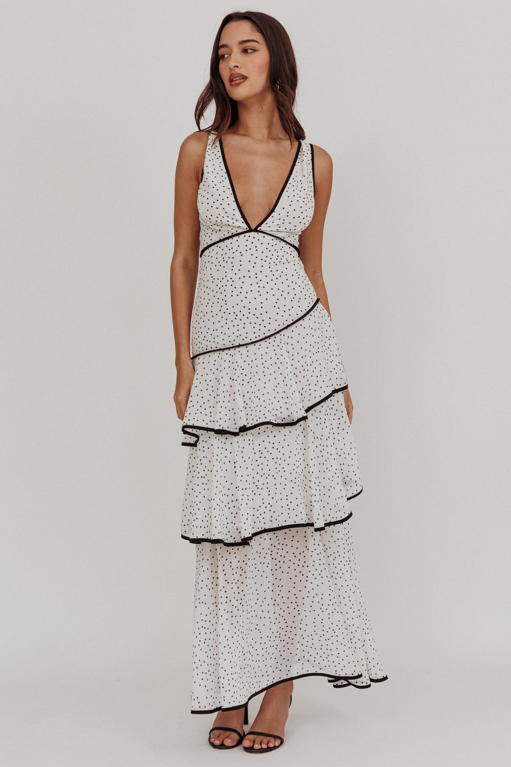 Veda Strappy Back Ruffle Maxi Dress Polka Dot White by Selfie Leslie