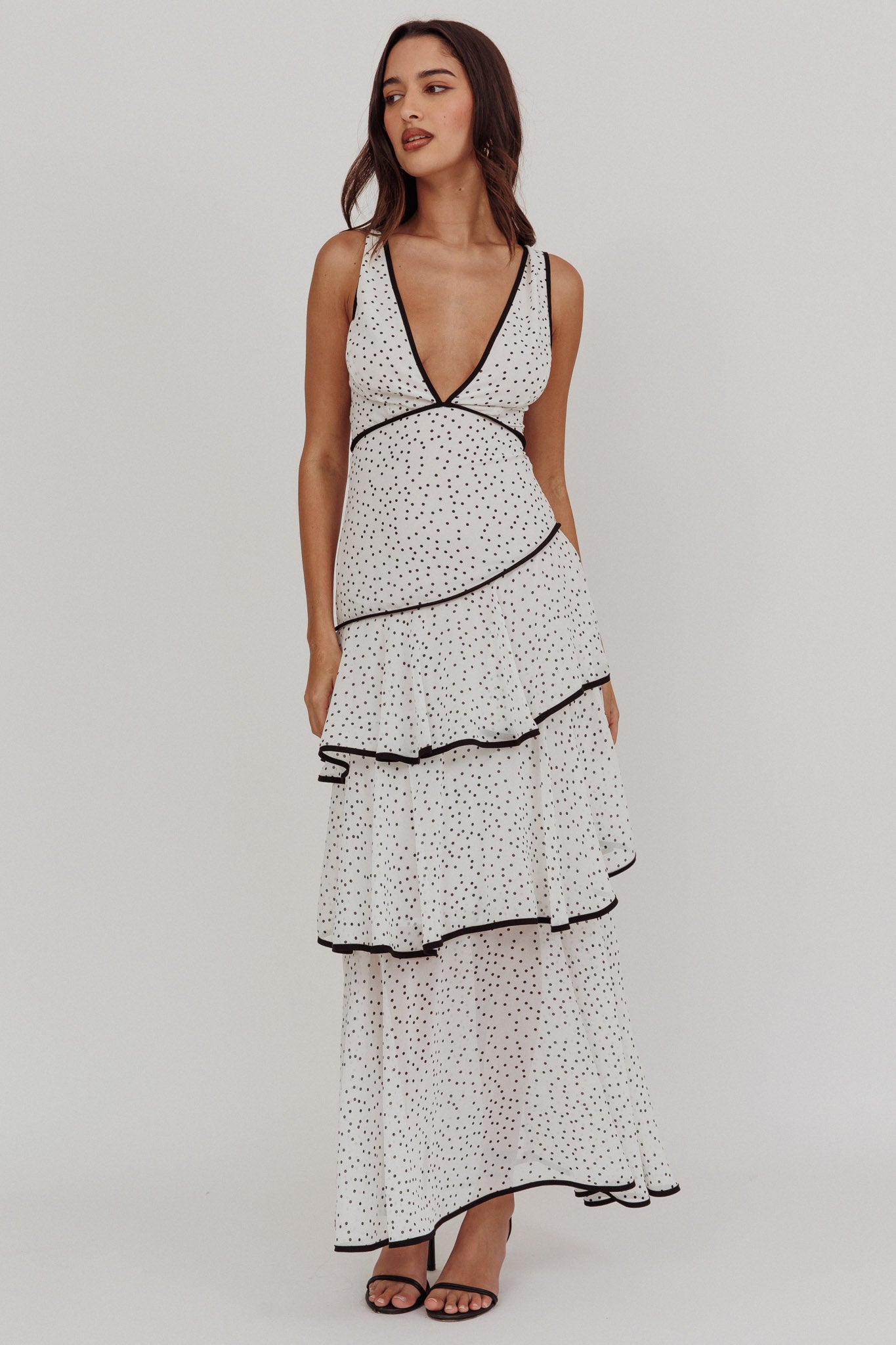 Veda Strappy Back Ruffle Maxi Dress Polka Dot White by Selfie Leslie