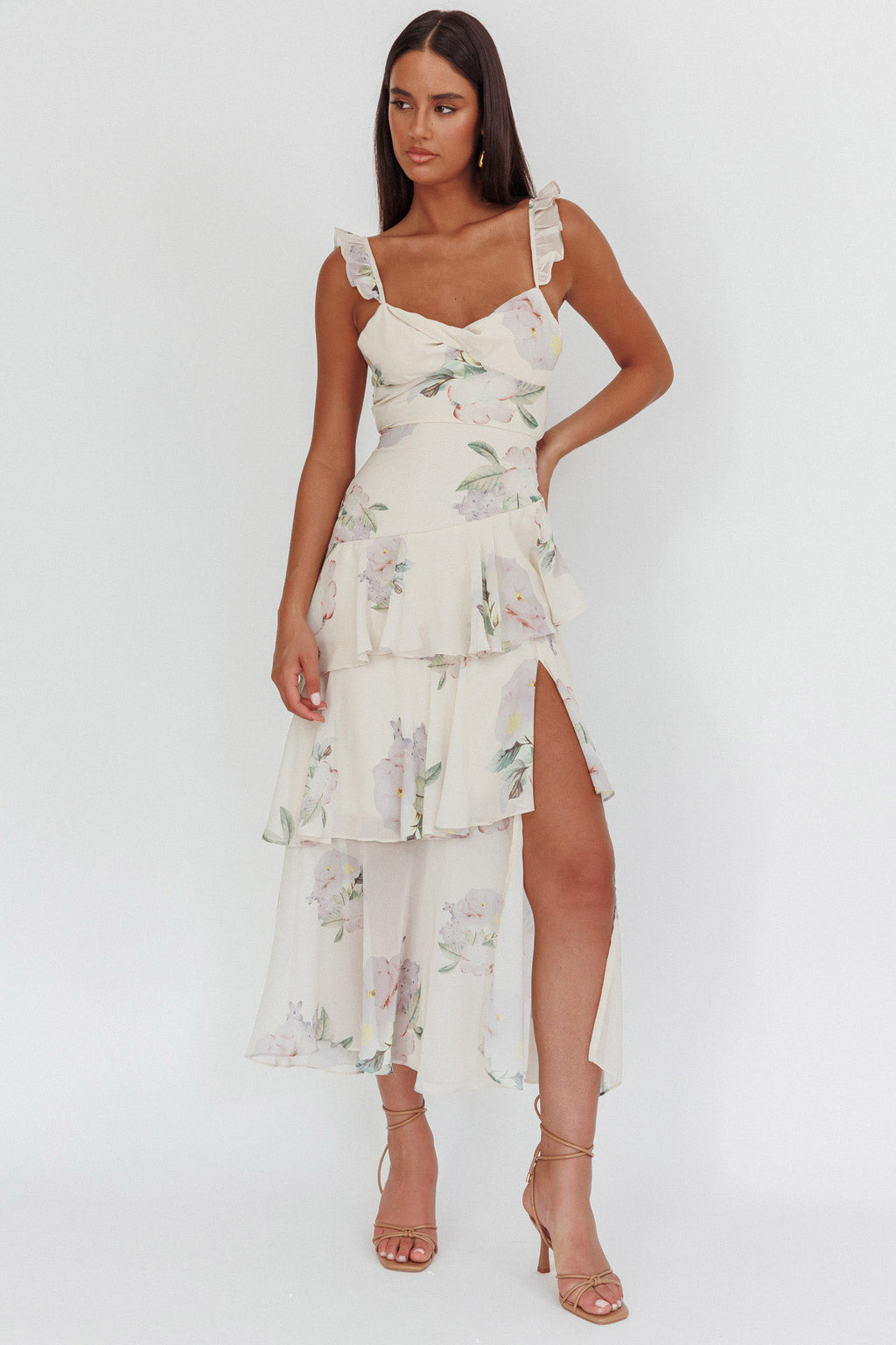 Veda Ruffle Strap Split Maxi Dress Magnolia Cream by Selfie Leslie