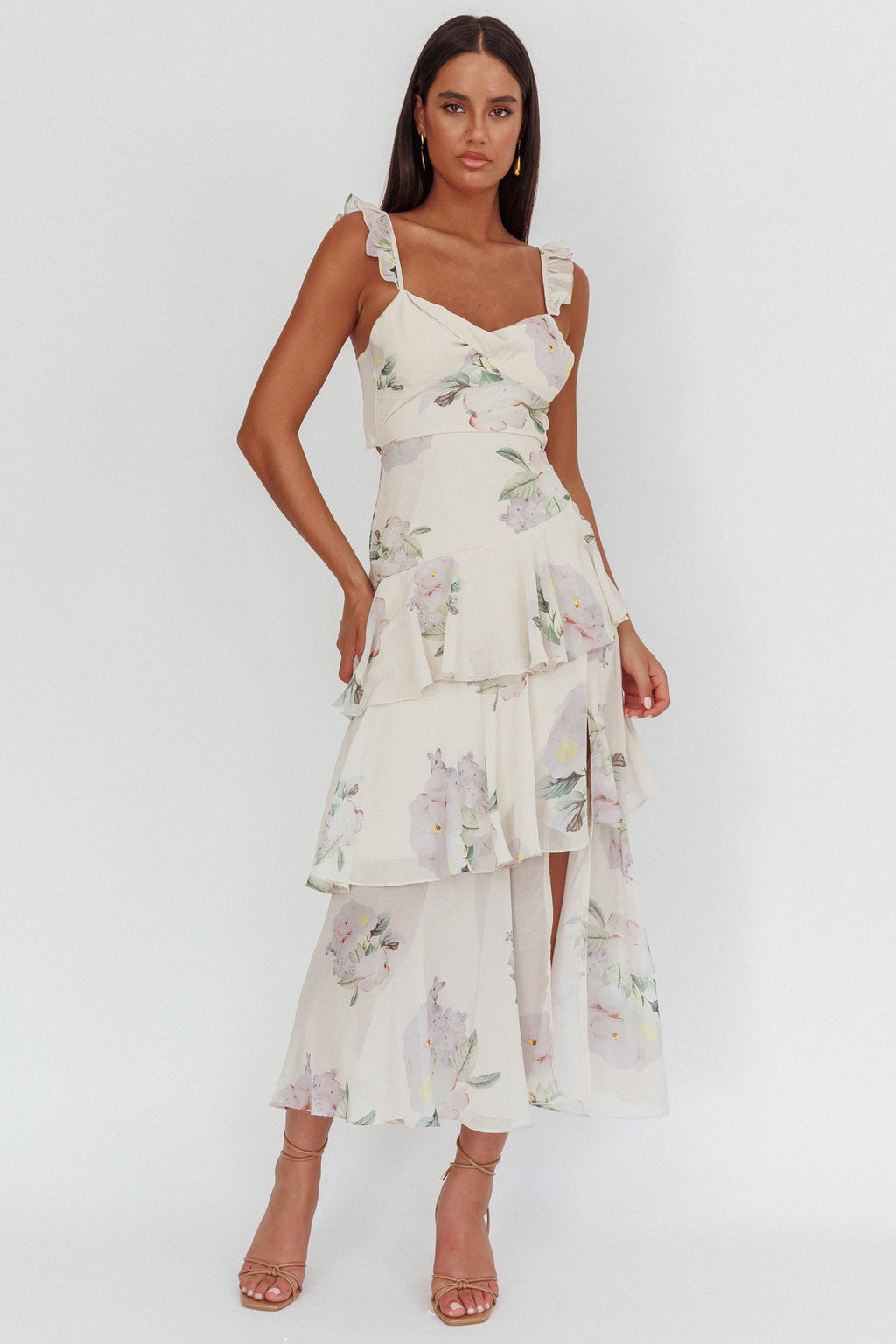 Veda Ruffle Strap Split Maxi Dress Magnolia Cream by Selfie Leslie
