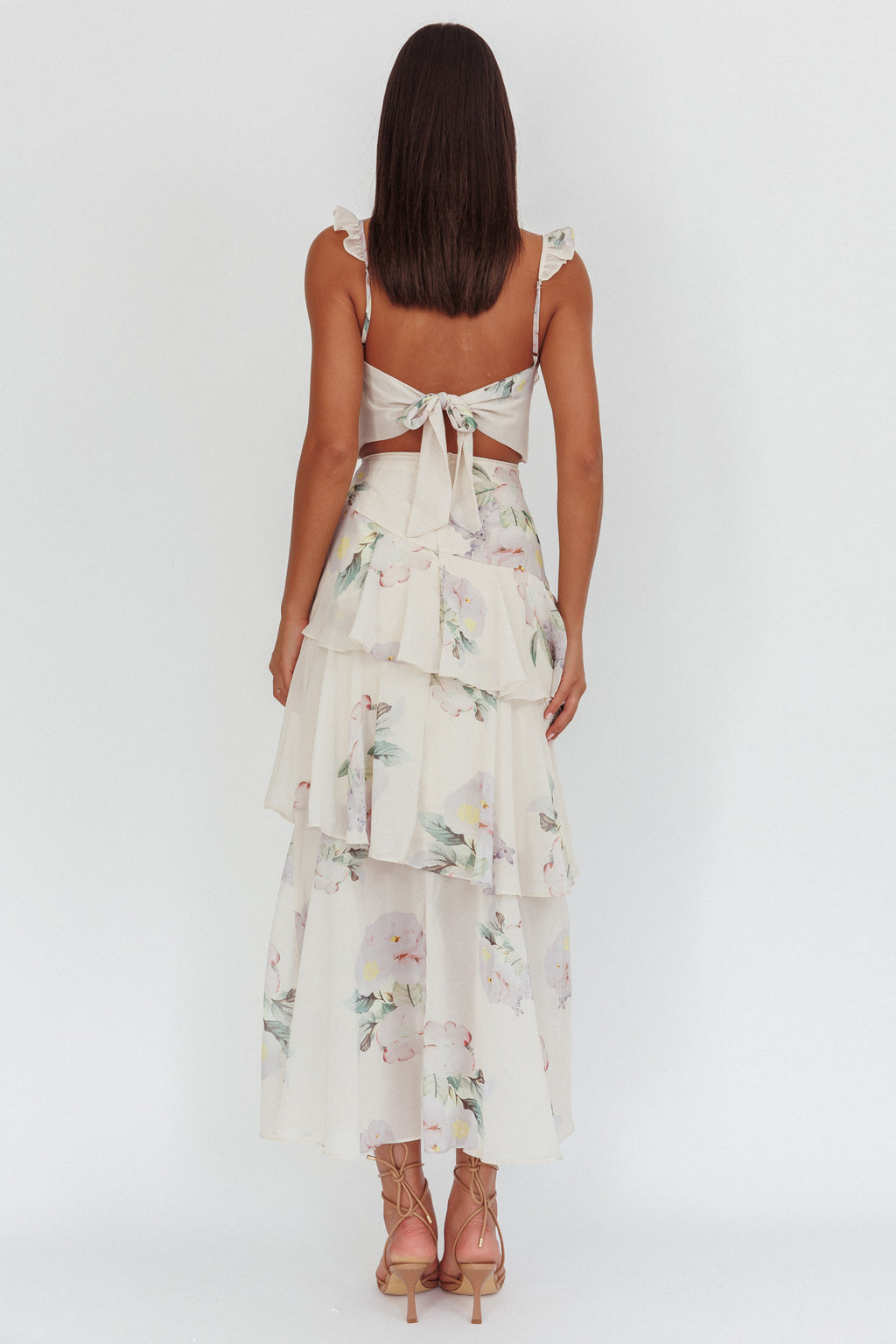 Veda Ruffle Strap Split Maxi Dress Magnolia Cream by Selfie Leslie