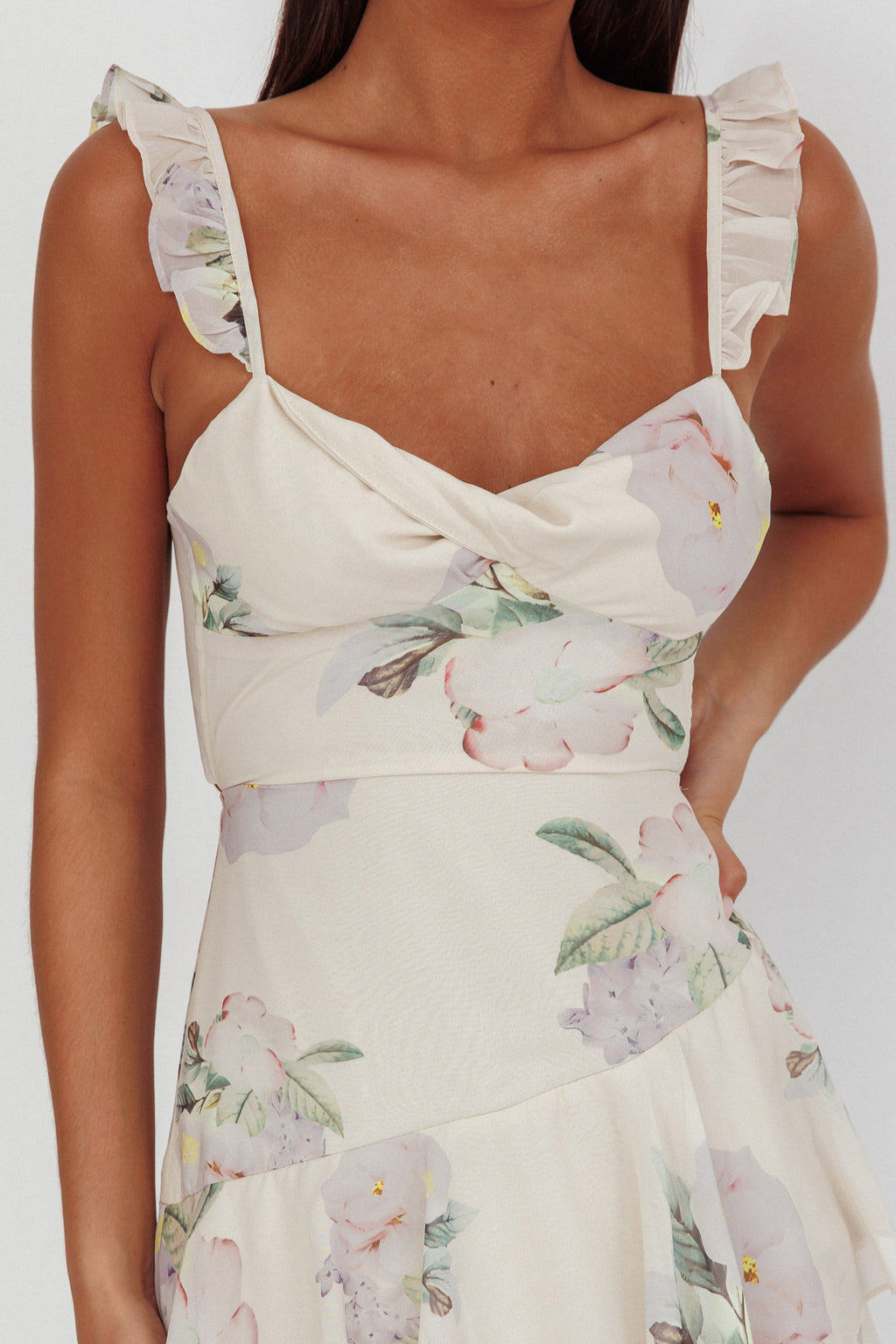 Veda Ruffle Strap Split Maxi Dress Magnolia Cream by Selfie Leslie