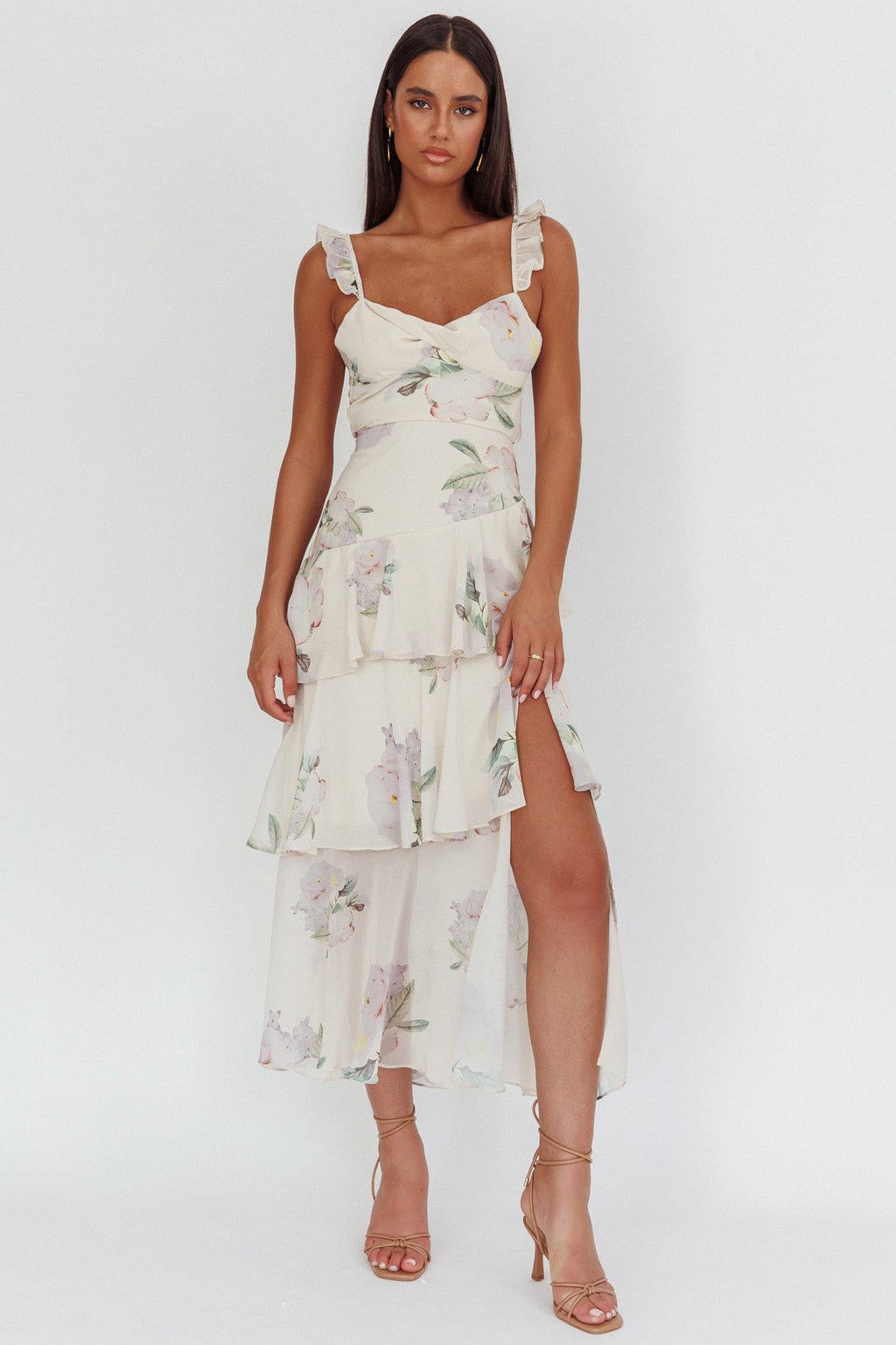 Veda Ruffle Strap Split Maxi Dress Magnolia Cream by Selfie Leslie