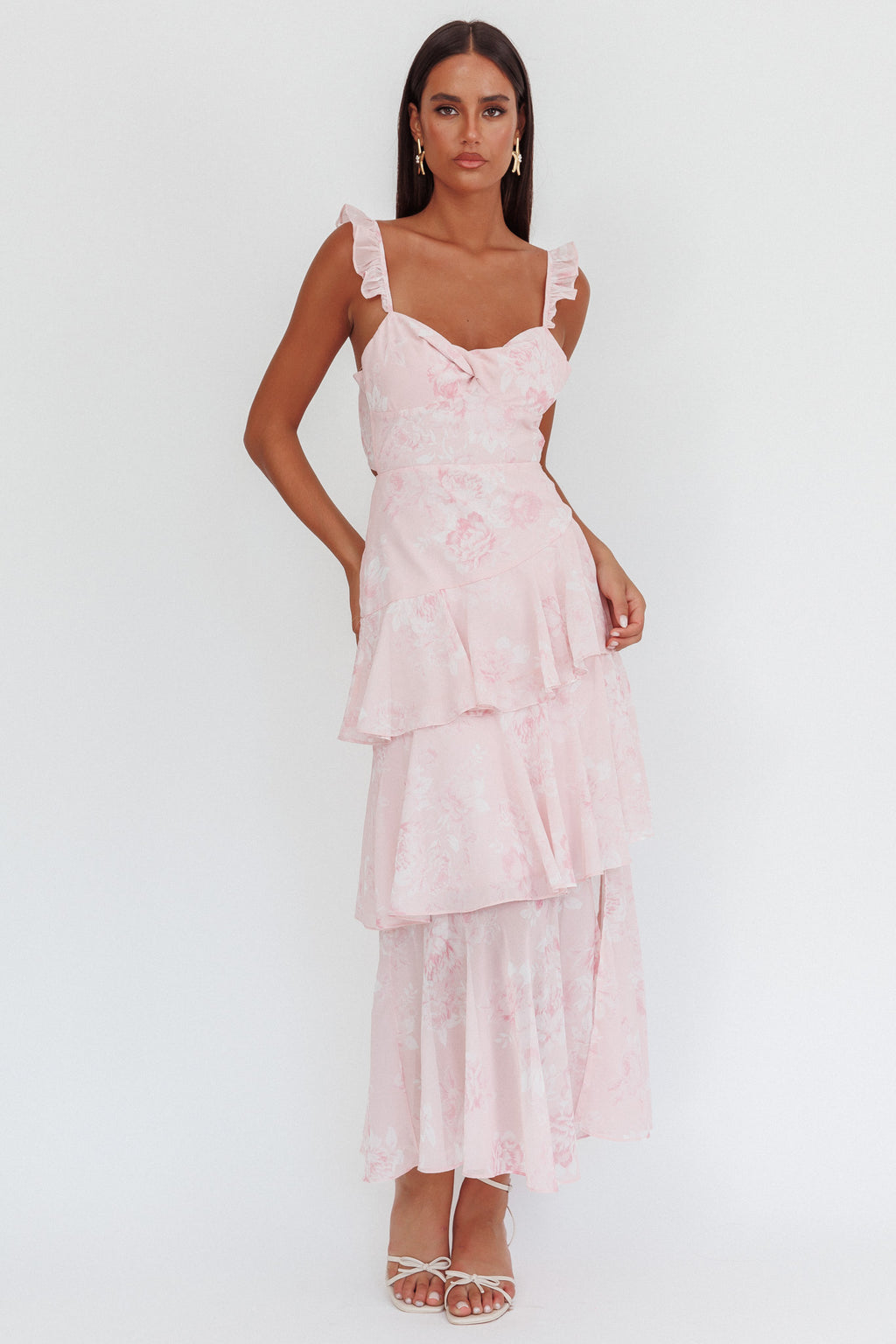 Veda Ruffle Strap Split Maxi Dress Roses Blush by Selfie Leslie