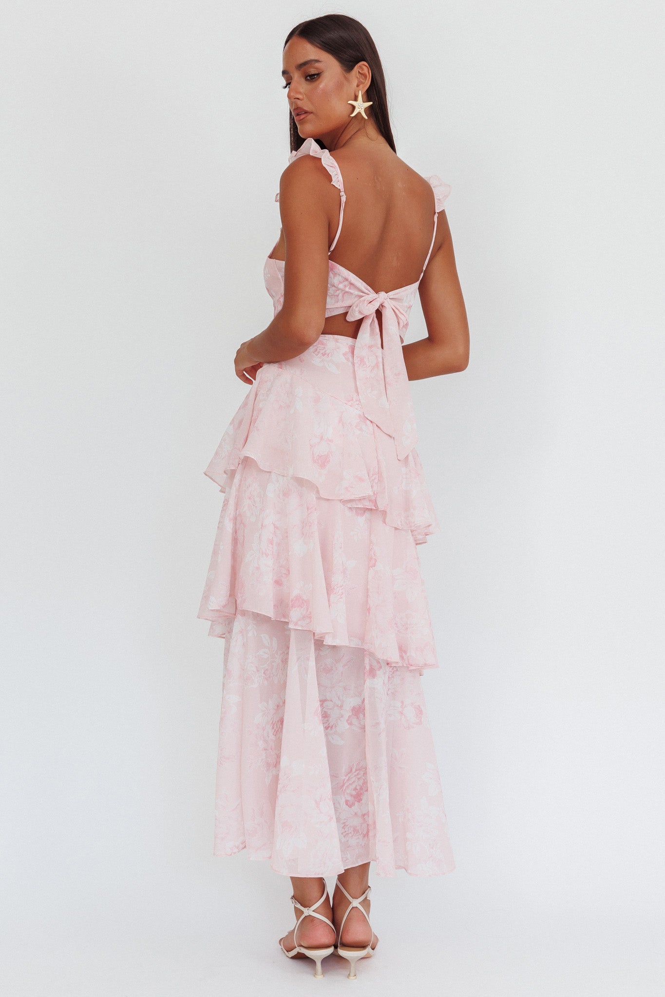Veda Ruffle Strap Split Maxi Dress Roses Blush by Selfie Leslie