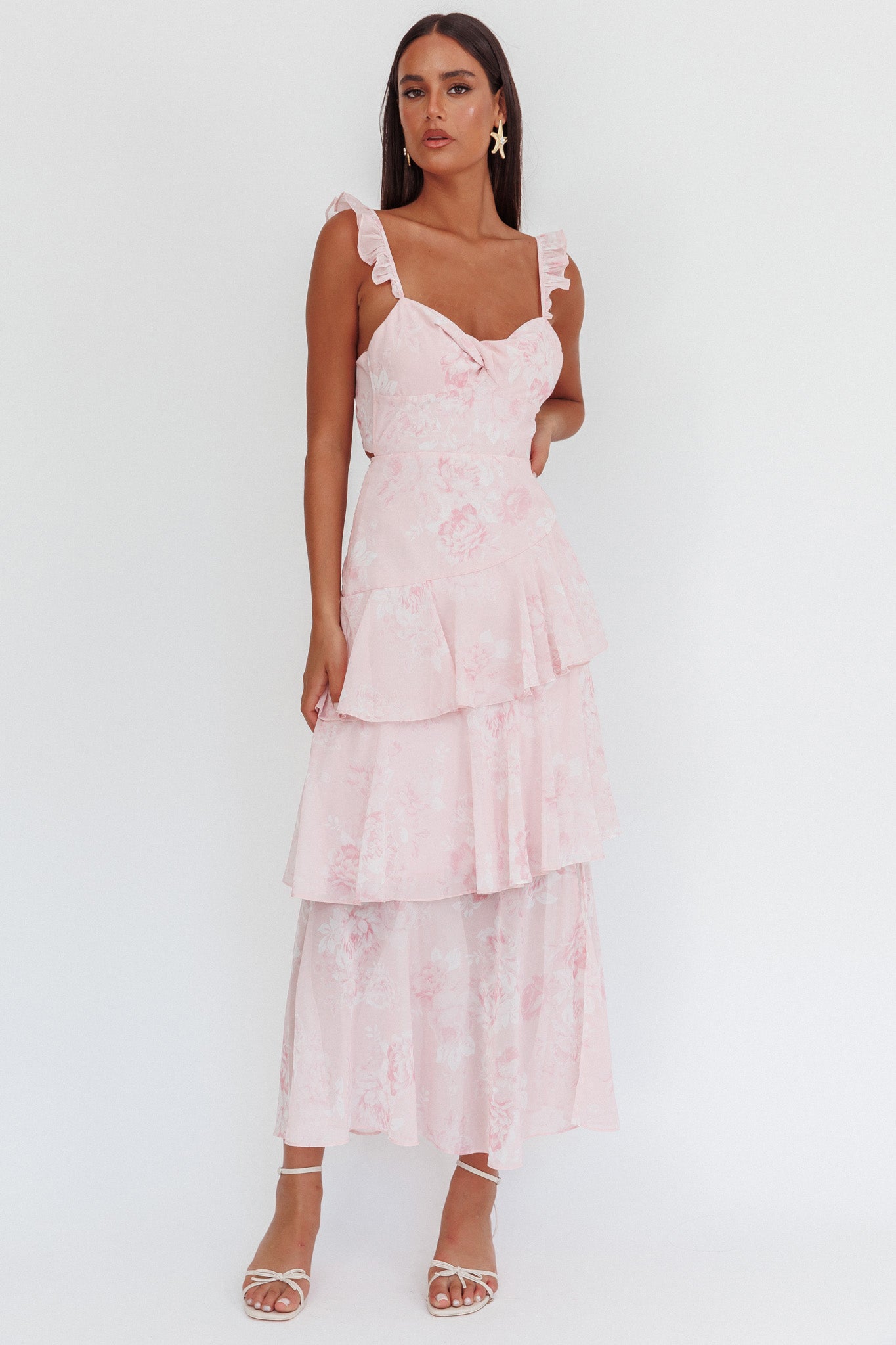 Veda Ruffle Strap Split Maxi Dress Roses Blush by Selfie Leslie