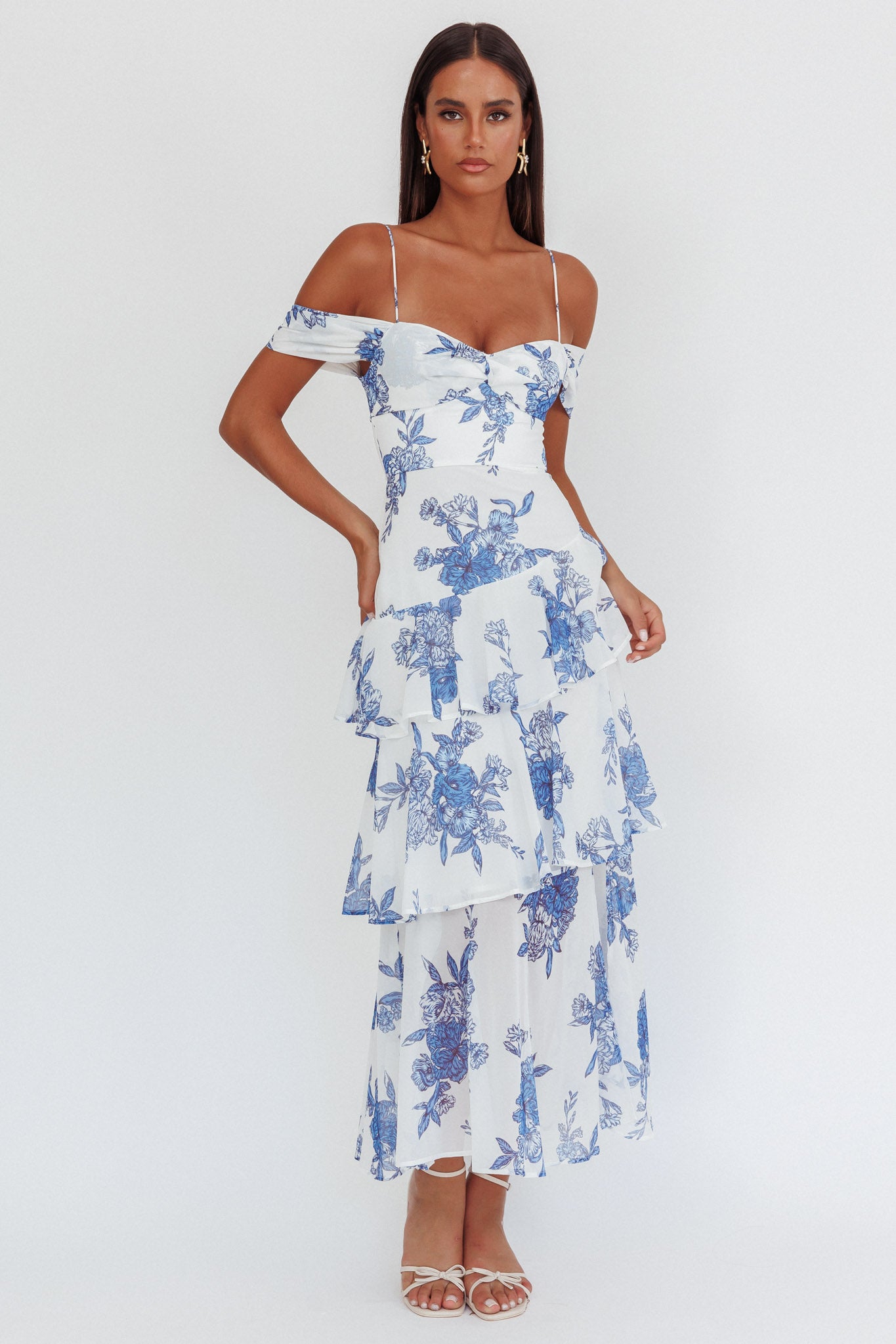 Veda Off-Shoulder Maxi Dress Floral Blue by Selfie Leslie