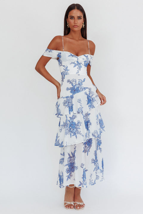 knee length dresses for ladies Veda Off-Shoulder Maxi Dress Floral Blue