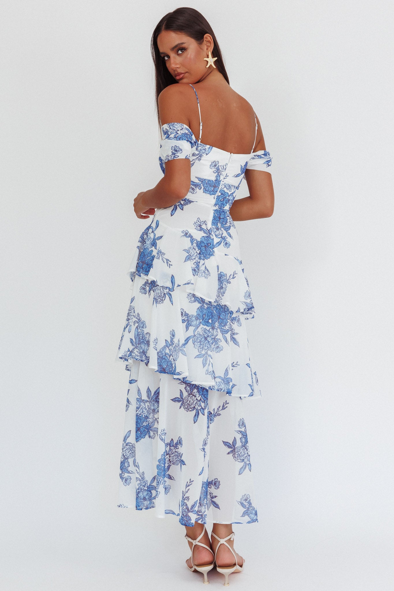 blissful glamour blue floral tiered off-the-shoulder maxi dress ZMPSIISA Women's Summer Off The Shoulder Maxi Dress Ruffle Strapless Blue White Porcelain Boho Casual Loose Long Dresses(A-Flower Blue,Small) at Amazon Women's Clothing store