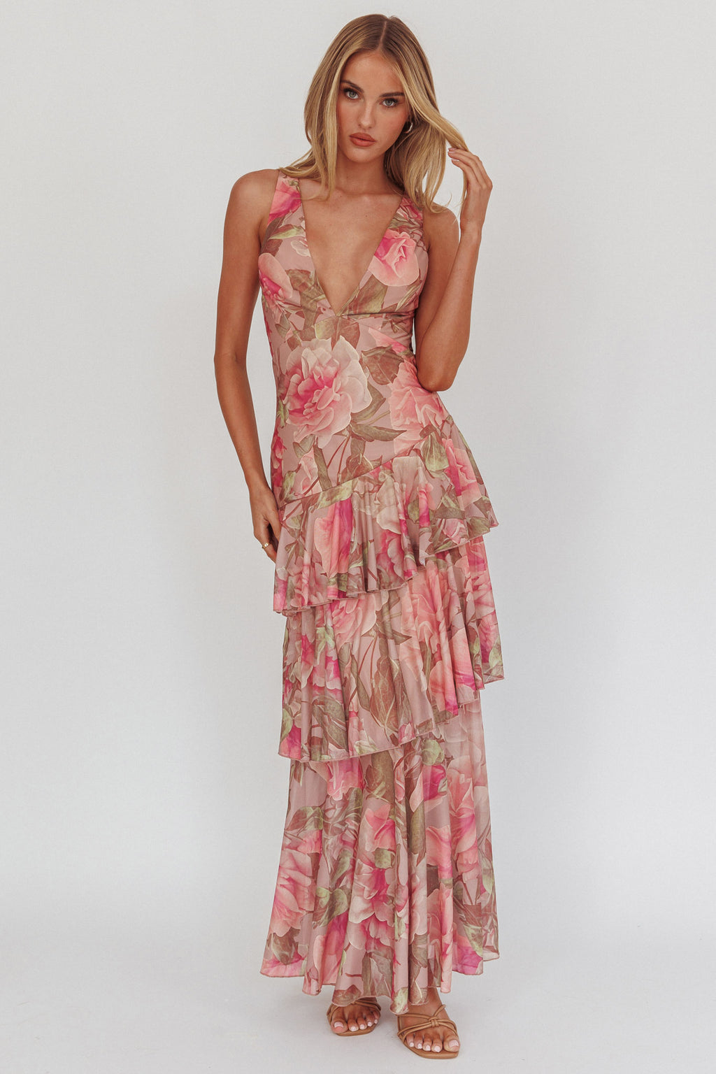 Veda Strappy Back Maxi Dress Roses Blush by Selfie Leslie