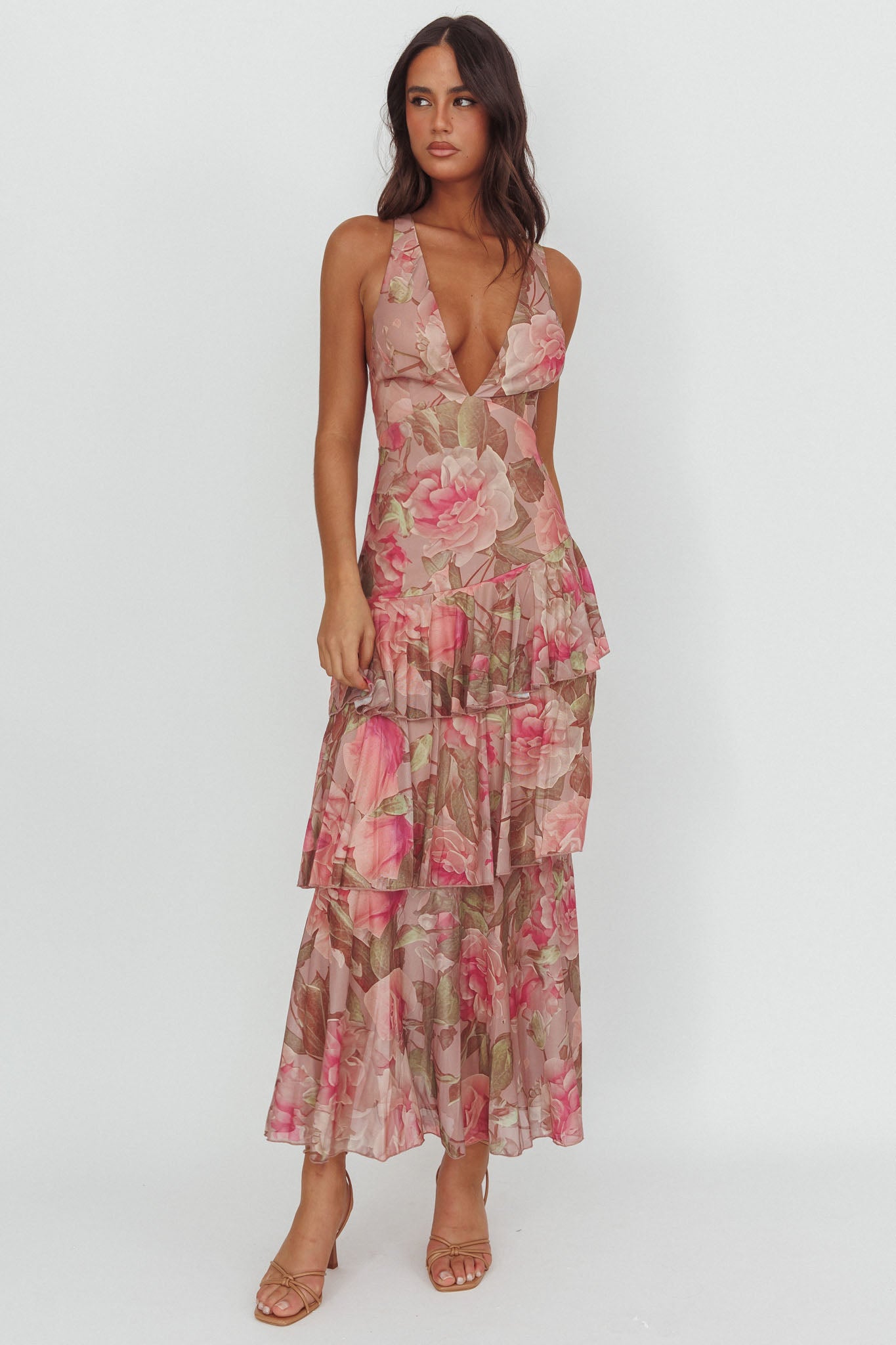 Veda Strappy Back Maxi Dress Roses Blush by Selfie Leslie