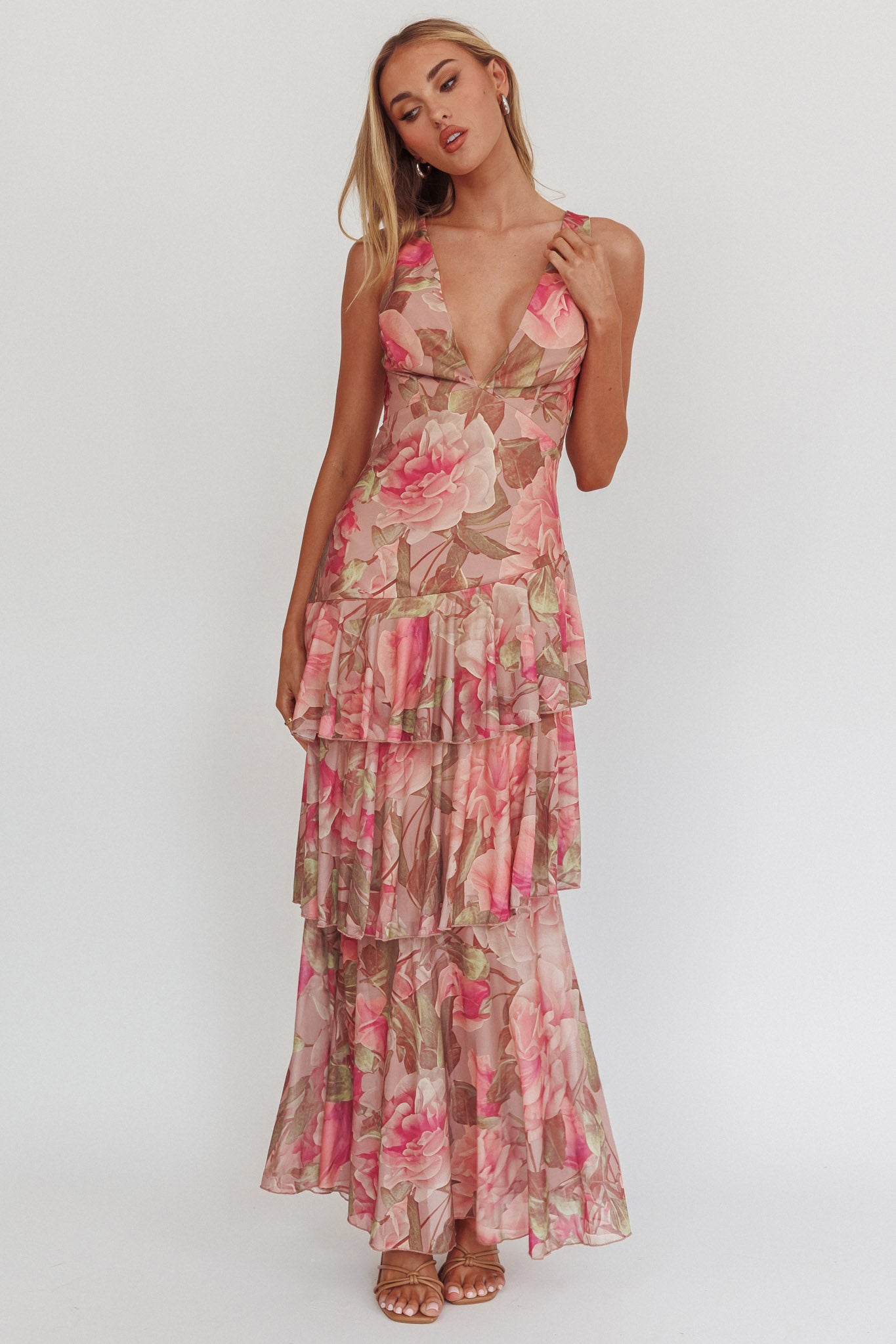 Veda Strappy Back Maxi Dress Roses Blush by Selfie Leslie