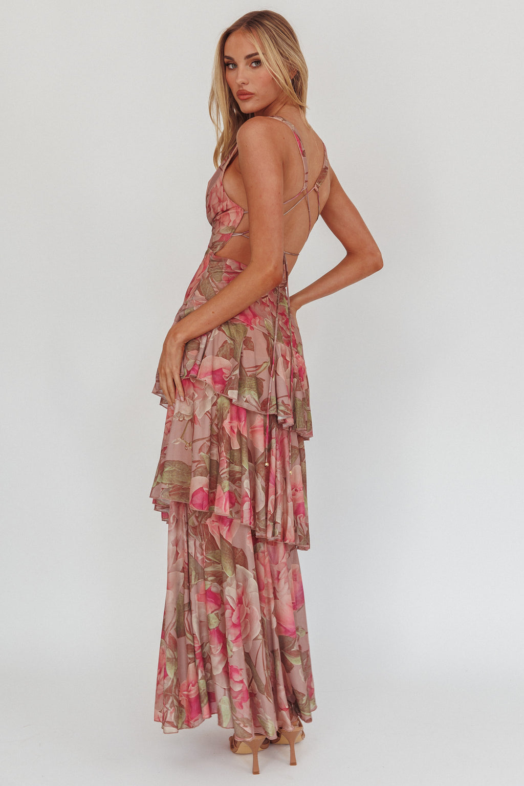Veda Strappy Back Maxi Dress Roses Blush by Selfie Leslie