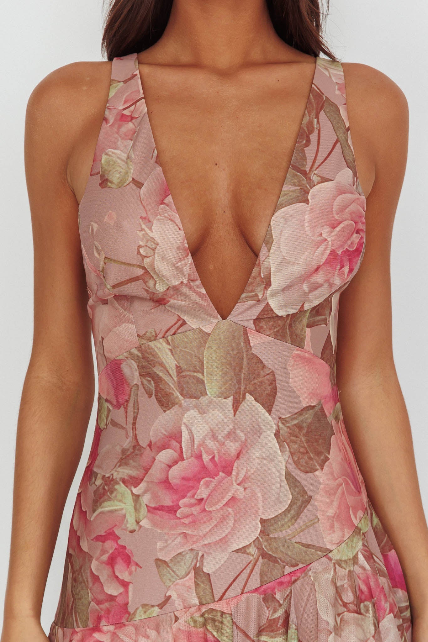 veda strappy back ruffle midi dress dark rose Veda Strappy Back Maxi Dress Roses Blush