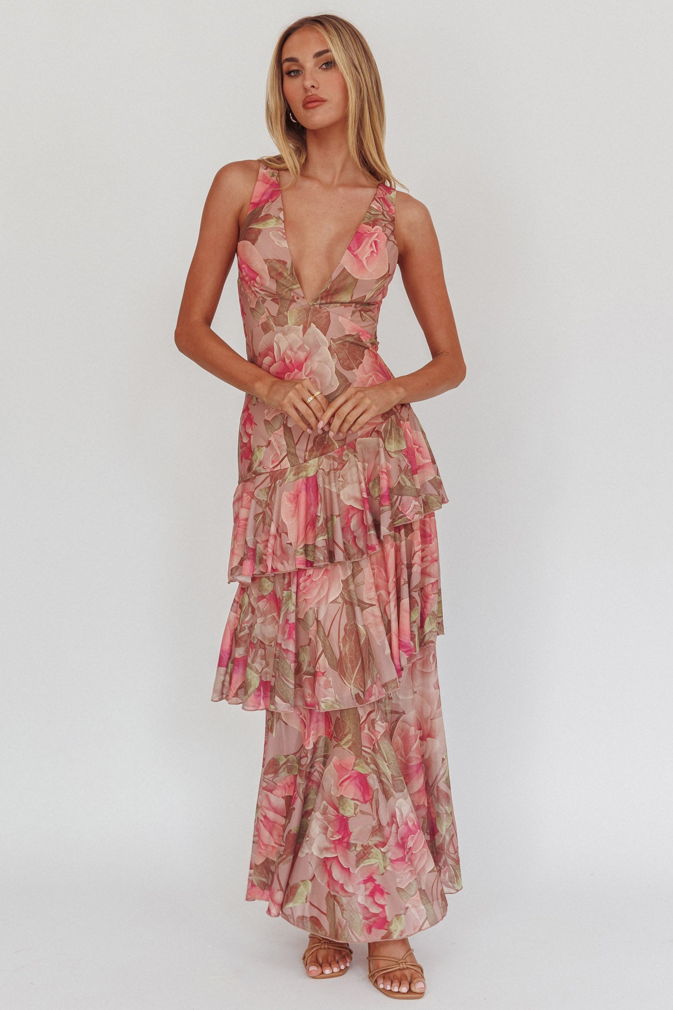 Veda Strappy Back Maxi Dress Roses Blush by Selfie Leslie