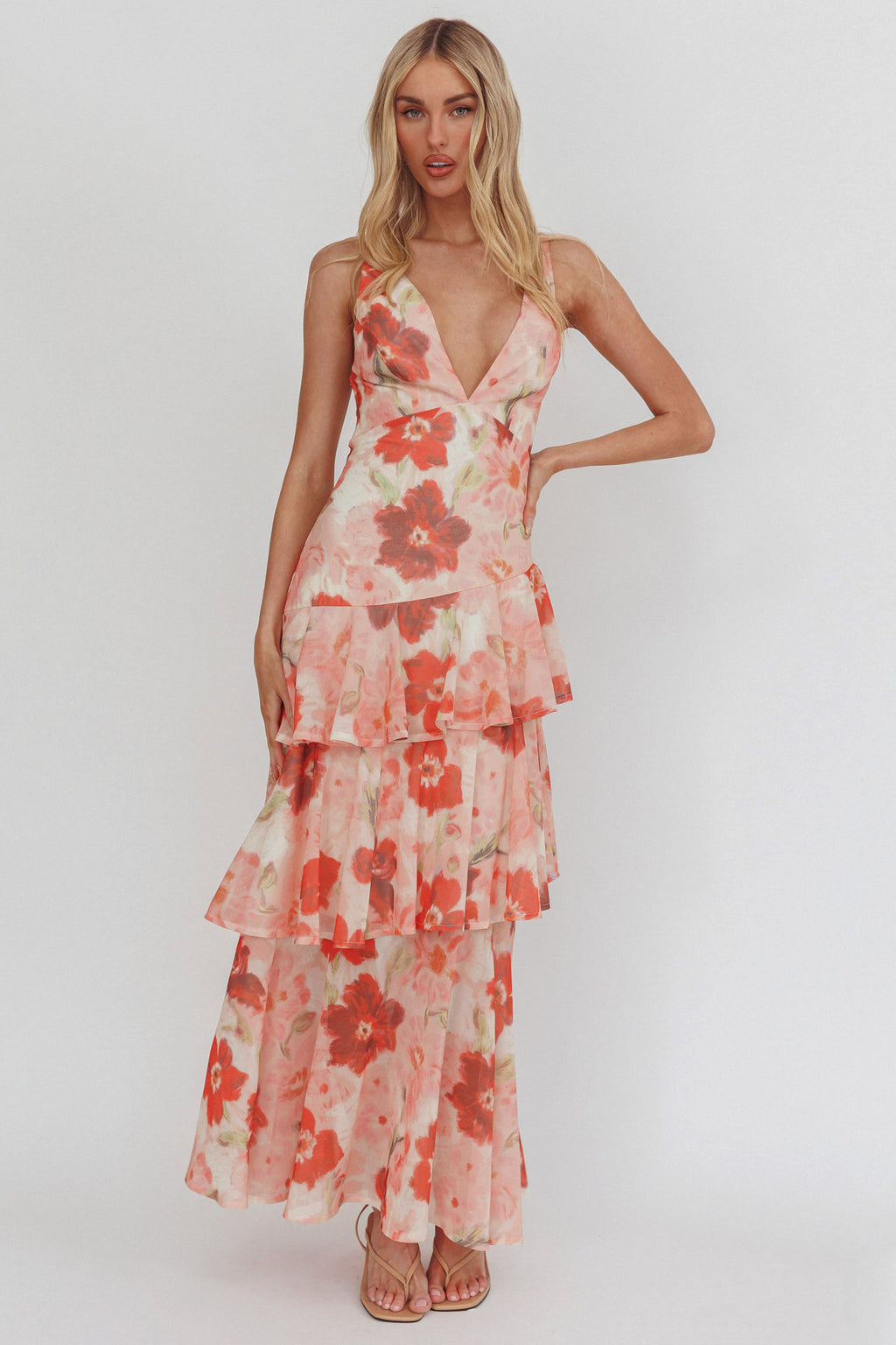 Veda Strappy Back Ruffle Maxi Dress Poppies Red by Selfie Leslie