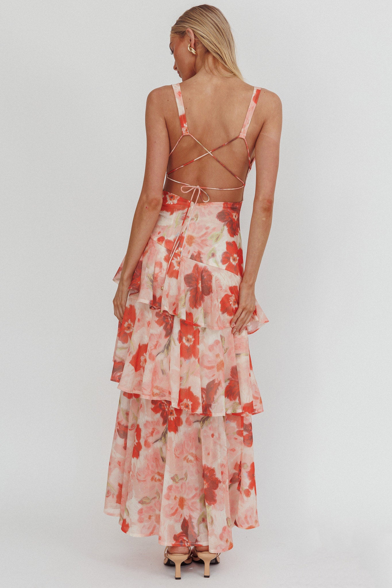 Veda Strappy Back Ruffle Maxi Dress Poppies Red by Selfie Leslie