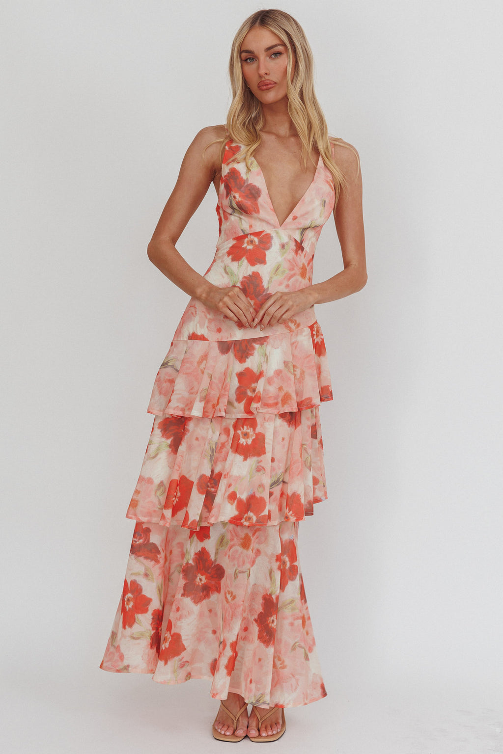 Veda Strappy Back Ruffle Maxi Dress Poppies Red by Selfie Leslie
