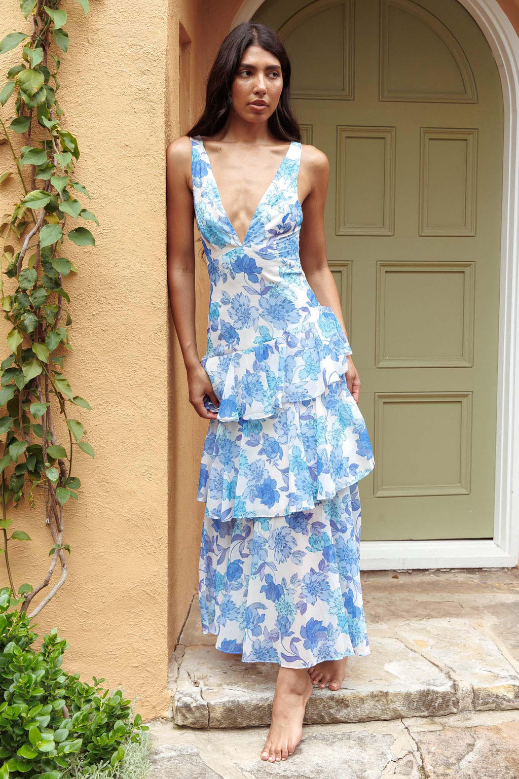 Veda Strappy Back Ruffle Midi Dress Floral Blue by Selfie Leslie