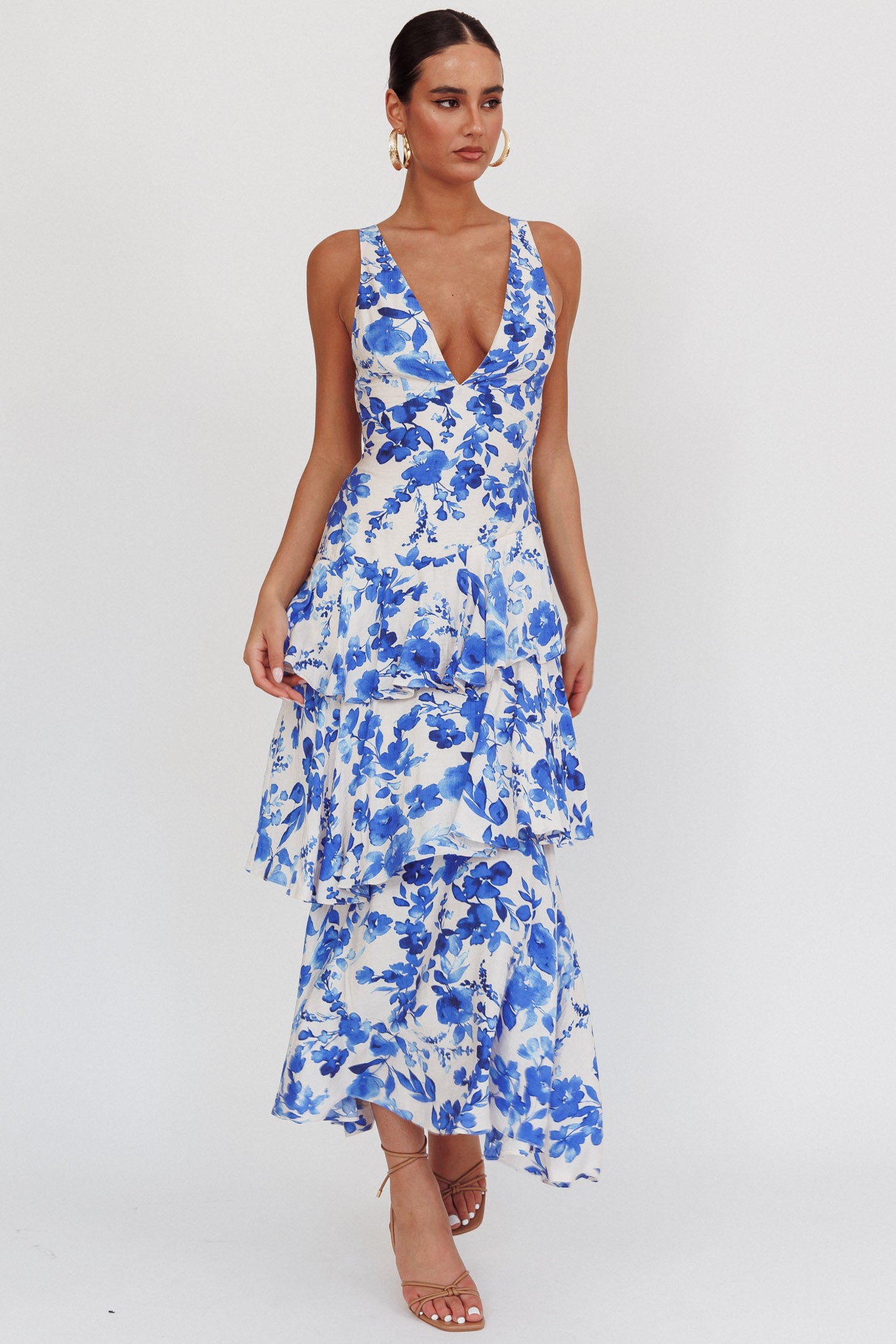 Veda Strappy Back Ruffle Maxi Dress Floral Blue by Selfie Leslie
