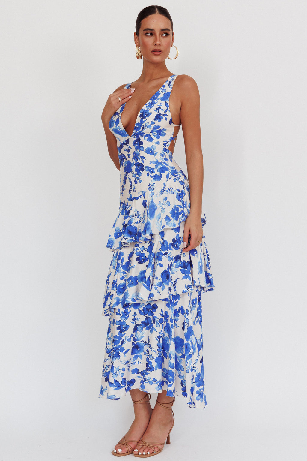 Veda Strappy Back Ruffle Maxi Dress Floral Blue by Selfie Leslie