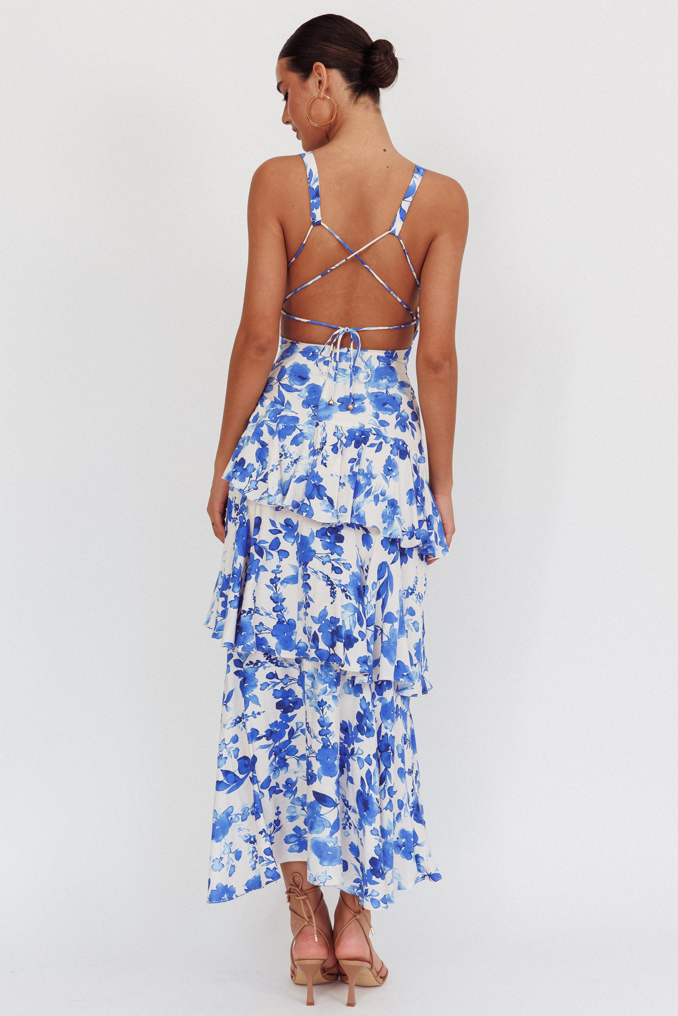 Veda Strappy Back Ruffle Maxi Dress Floral Blue by Selfie Leslie