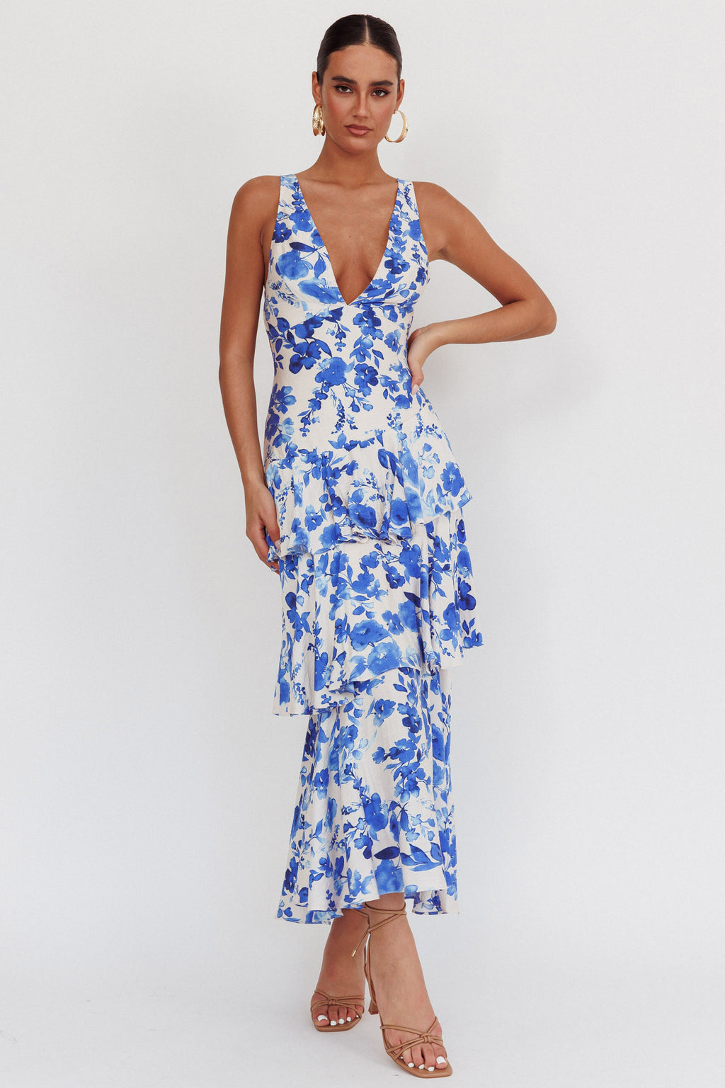 Veda Strappy Back Ruffle Maxi Dress Floral Blue by Selfie Leslie