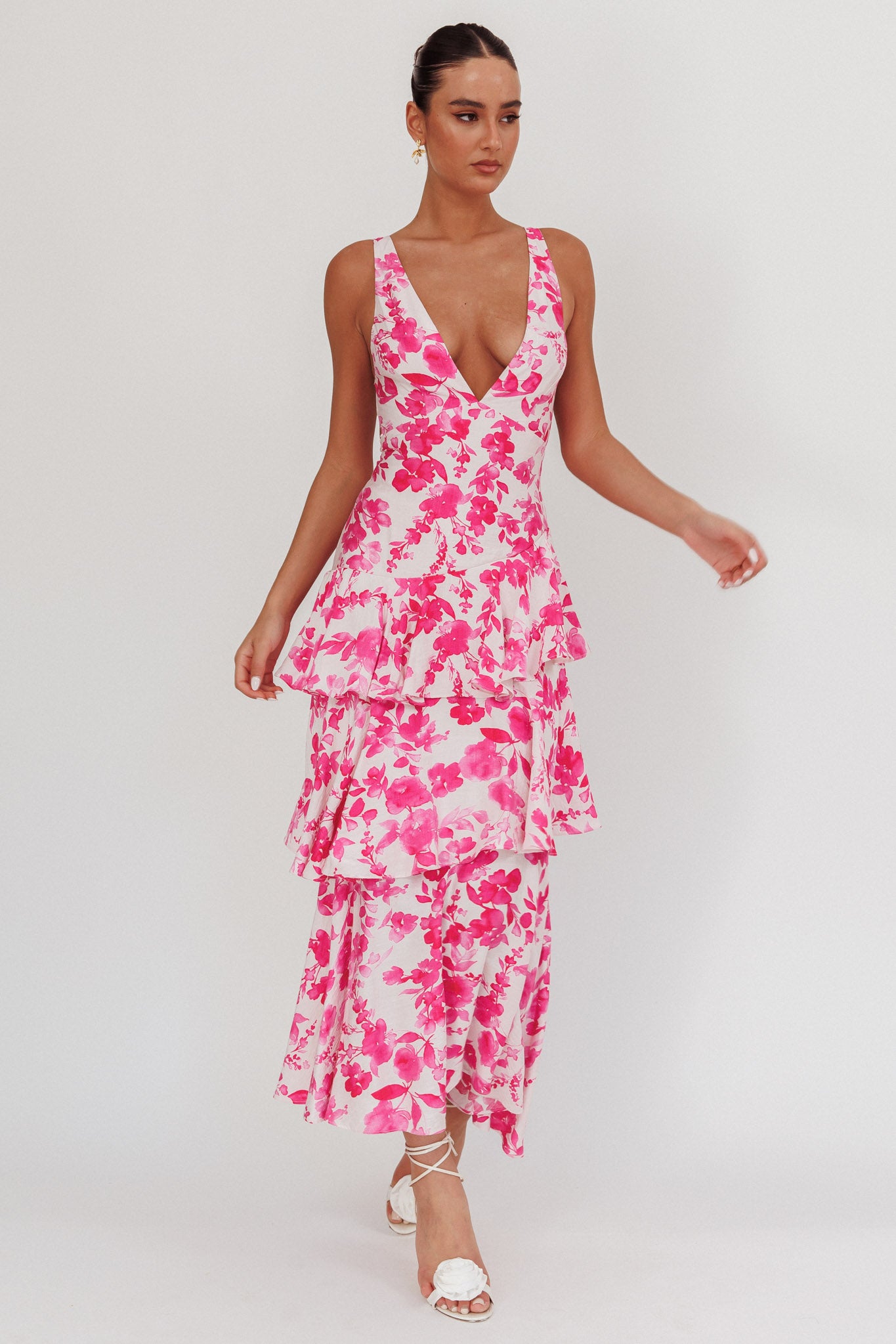 Veda Strappy Back Ruffle Maxi Dress Floral Fuchsia by Selfie Leslie