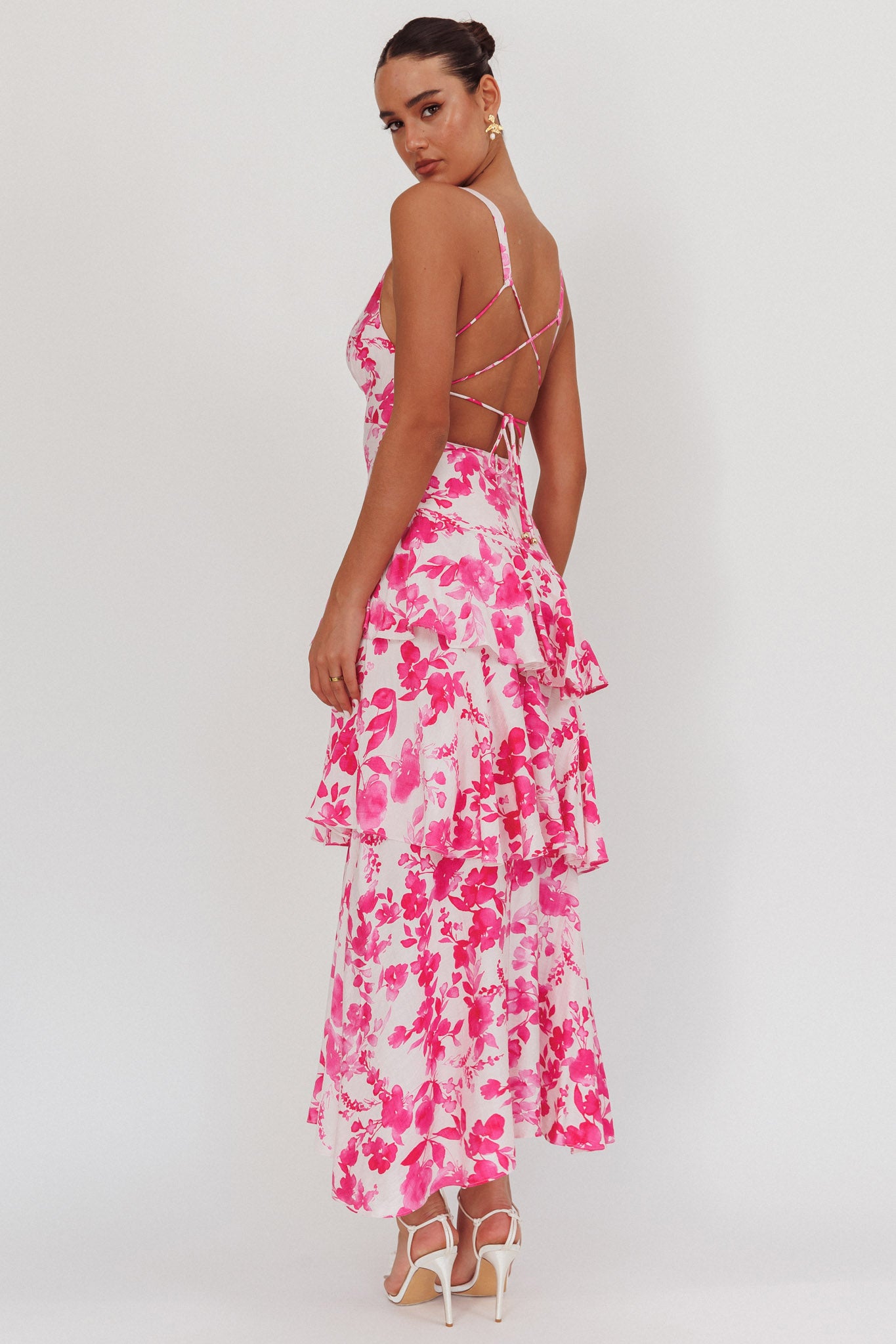 Veda Strappy Back Ruffle Maxi Dress Floral Fuchsia - Xs Veda Strappy Back Ruffle Maxi Dress Floral Fuchsia - Xs
