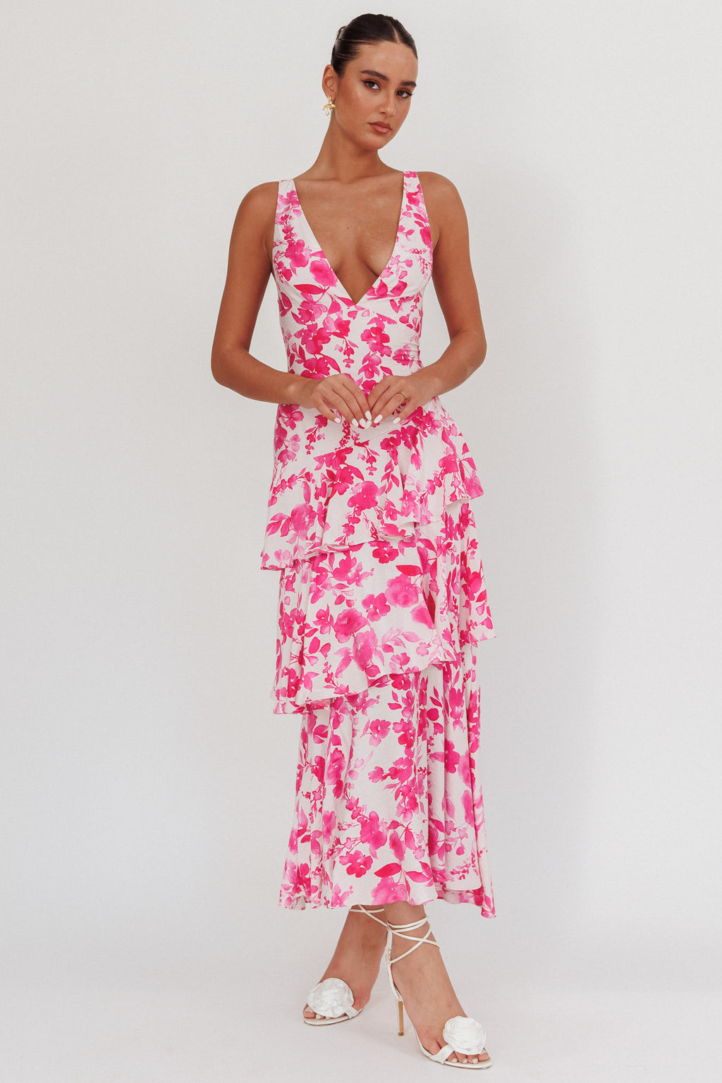 Veda Strappy Back Ruffle Maxi Dress Floral Fuchsia by Selfie Leslie