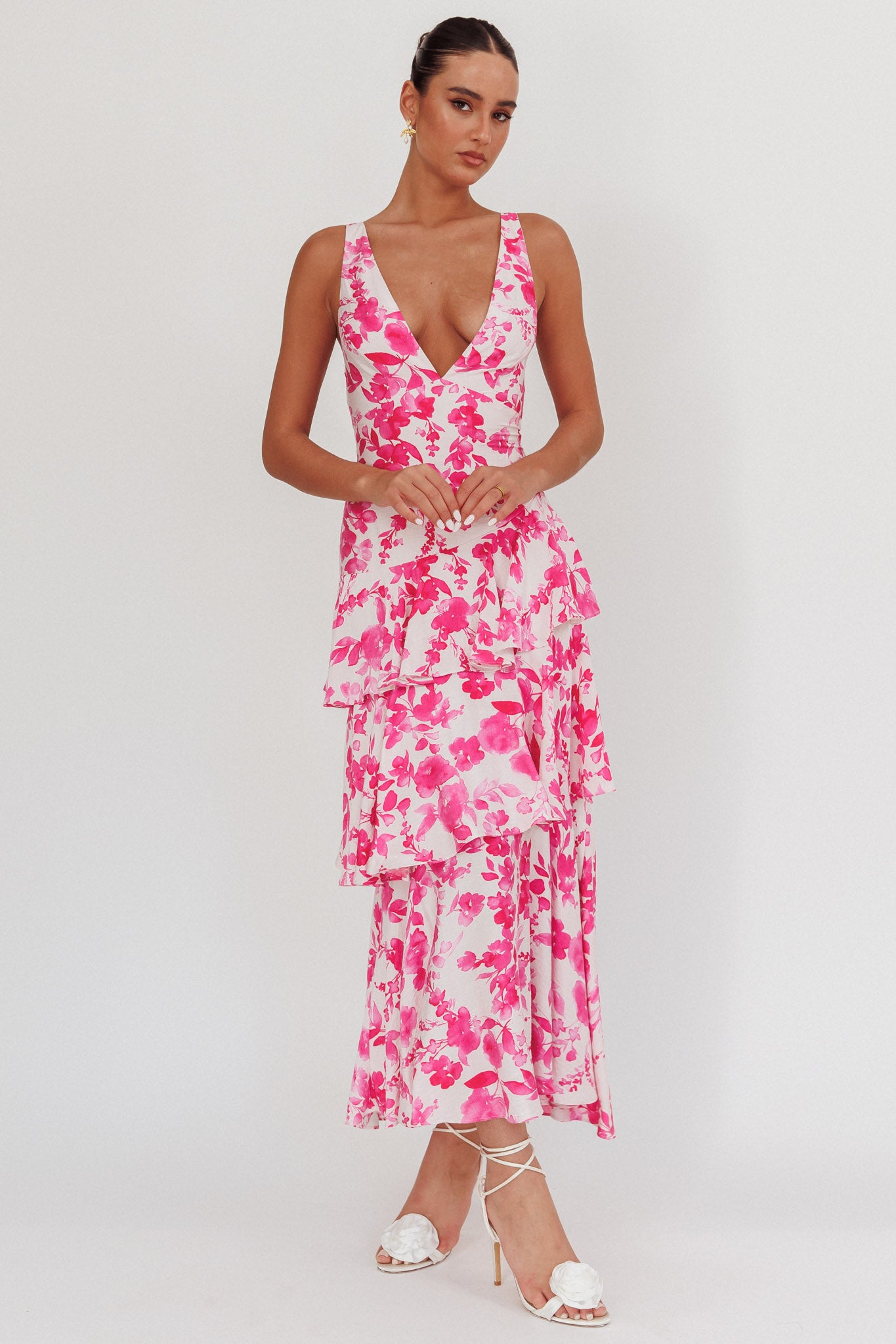 Veda Strappy Back Ruffle Maxi Dress Floral Fuchsia by Selfie Leslie