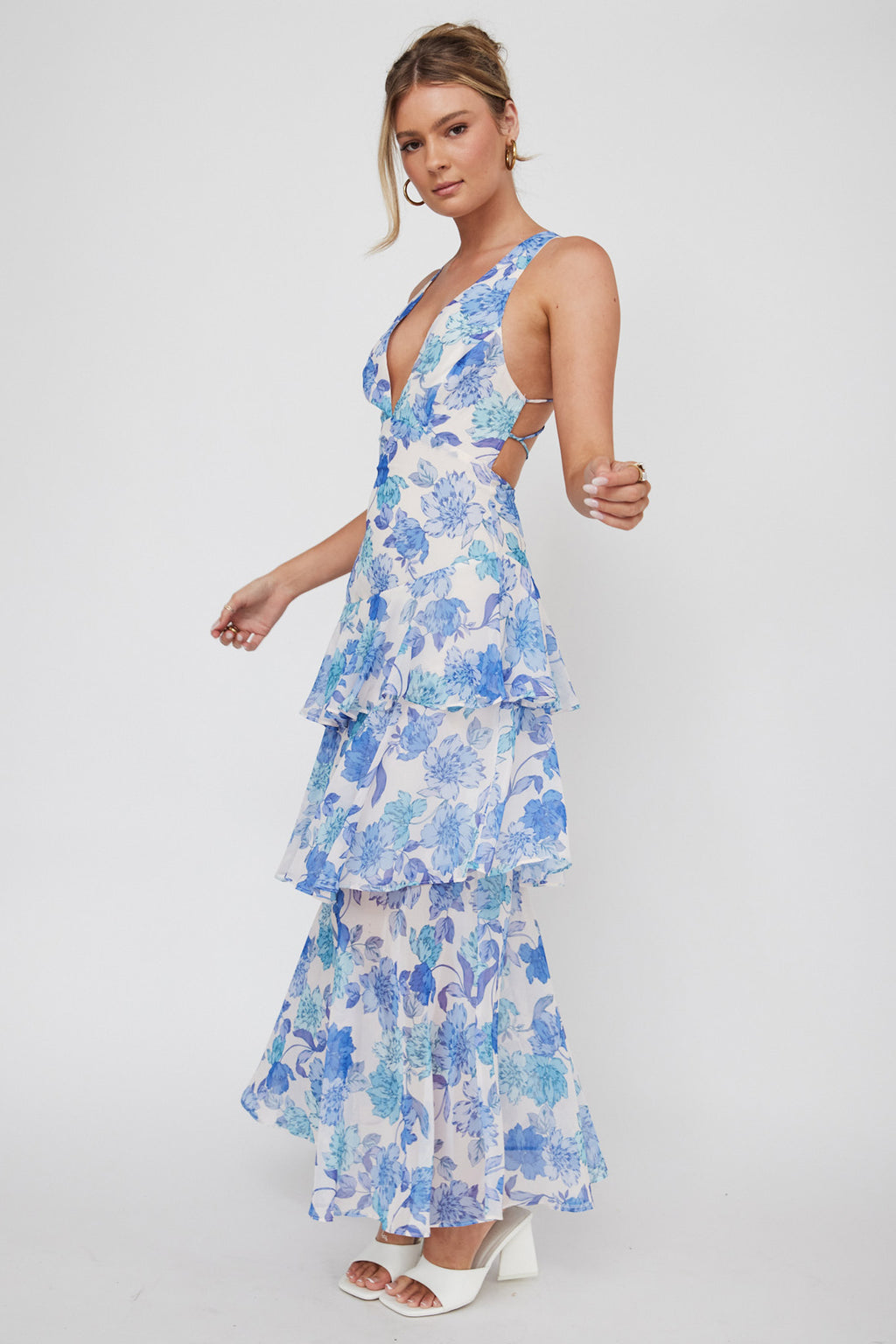 Veda Strappy Back Ruffle Midi Dress Floral Blue by Selfie Leslie