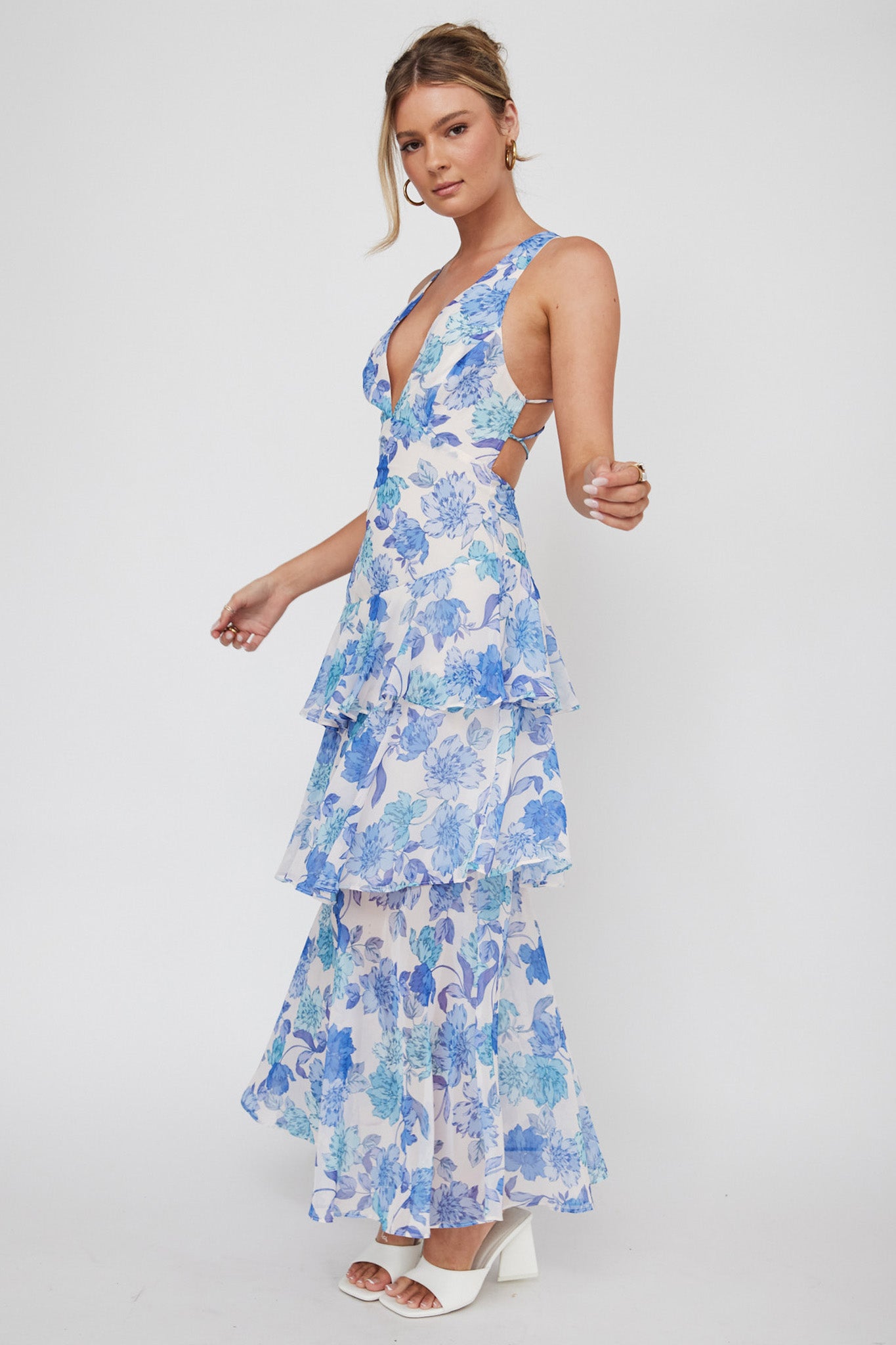 Veda Strappy Back Ruffle Midi Dress Floral Blue by Selfie Leslie