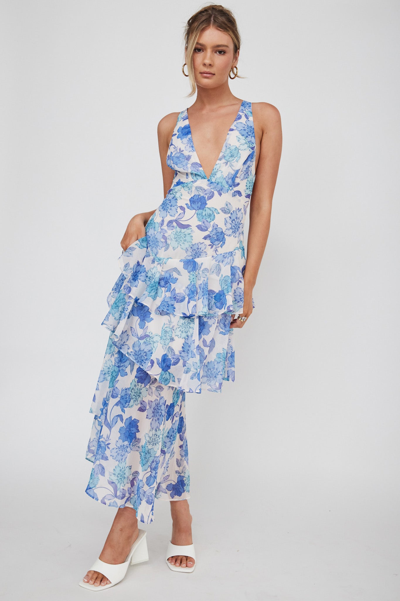 Veda Strappy Back Ruffle Midi Dress Floral Blue by Selfie Leslie