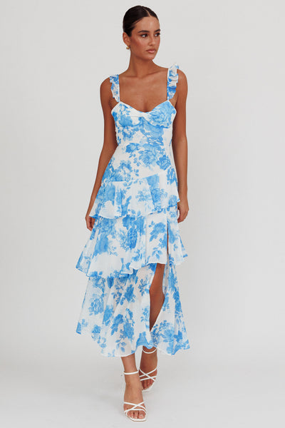 Veda Ruffle Strap Split Maxi Dress Floral White/Blue XL