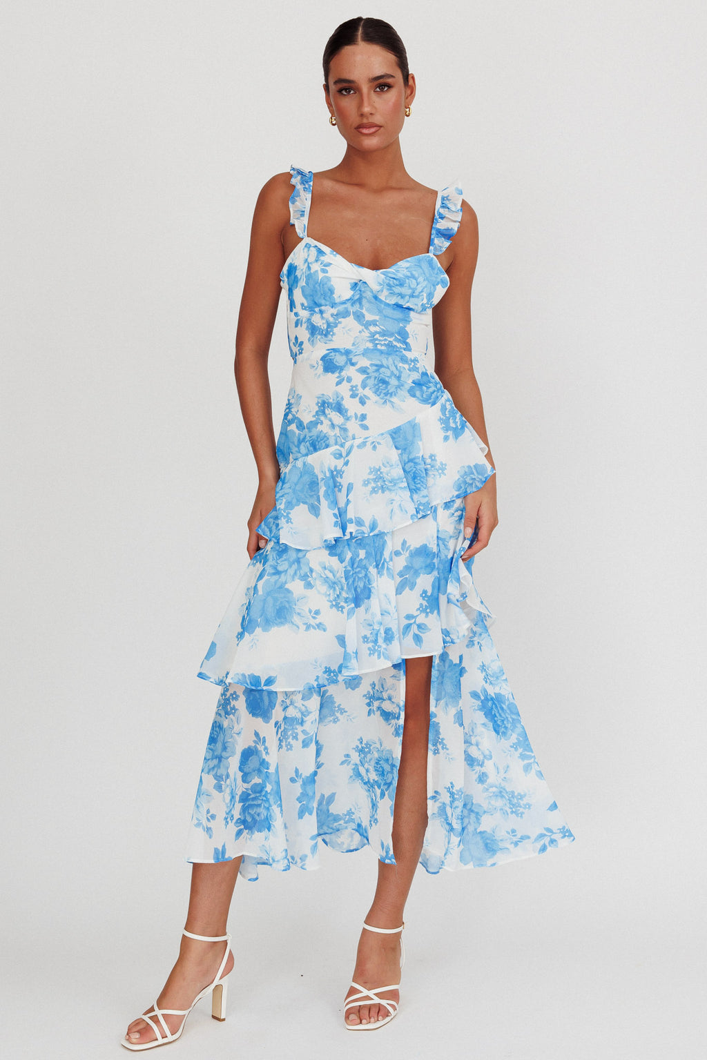 Veda Ruffle Strap Split Maxi Dress Floral White/Blue by Selfie Leslie