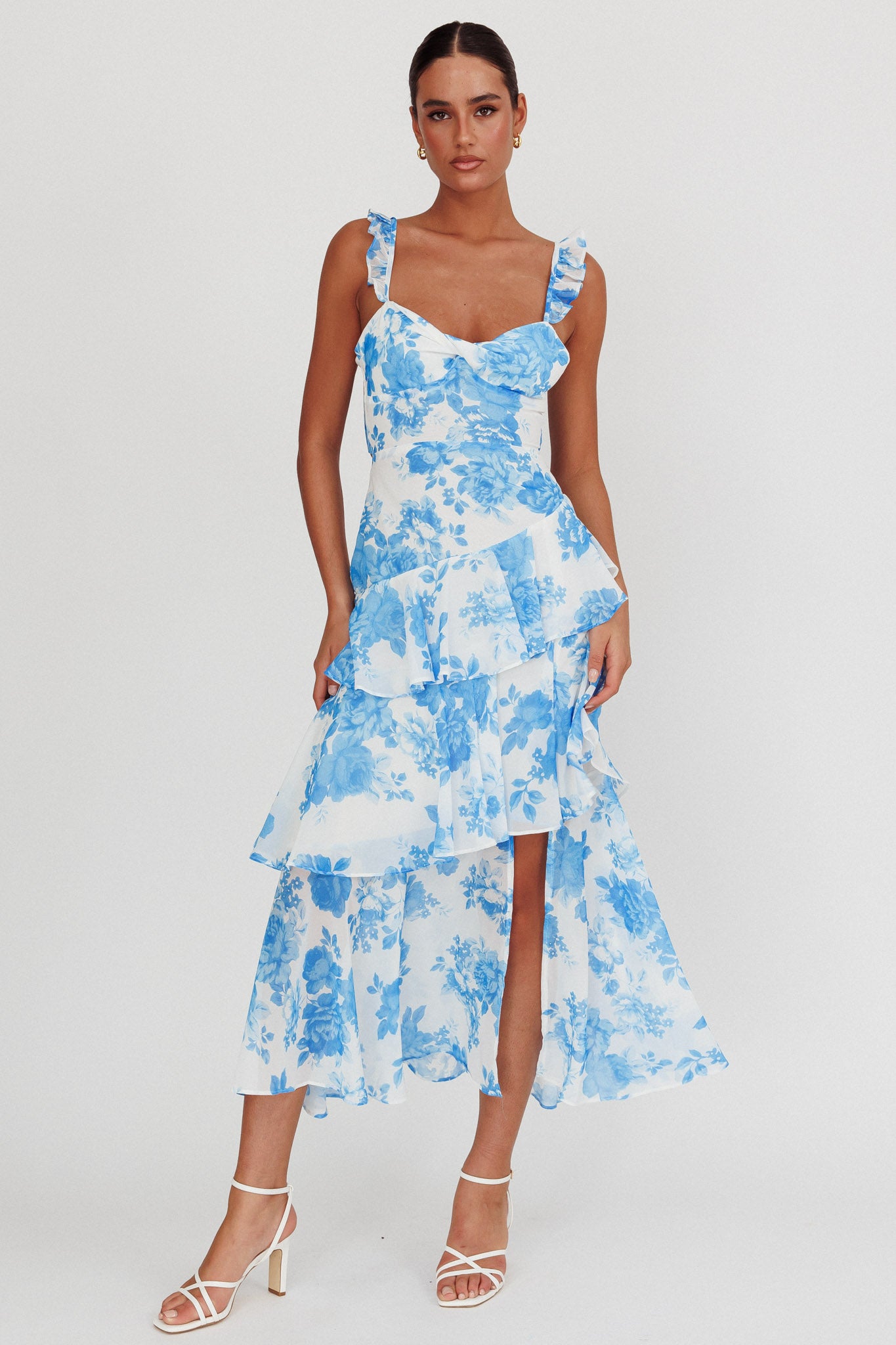 Veda Ruffle Strap Split Maxi Dress Floral White/Blue XL