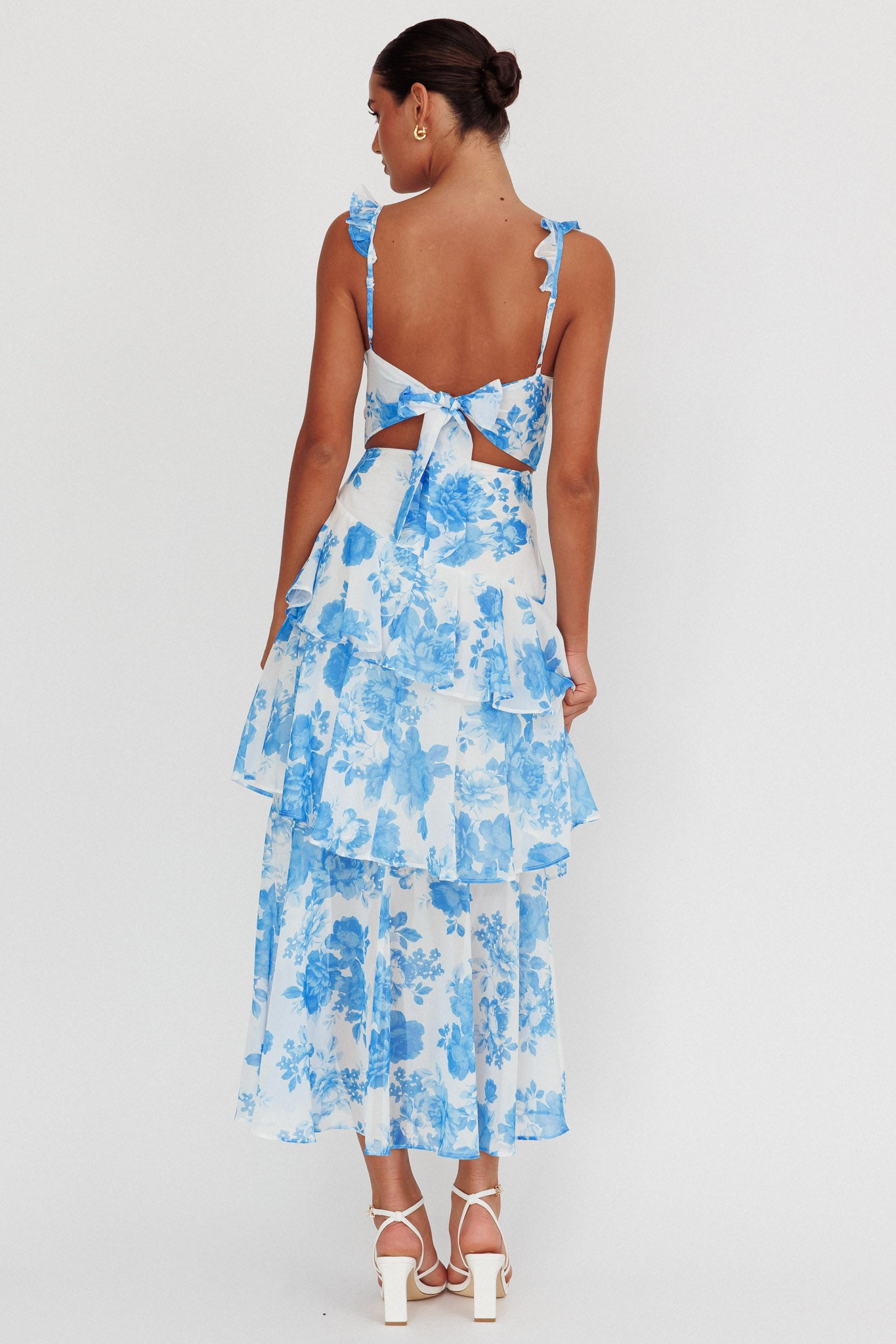 Veda Ruffle Strap Split Maxi Dress Floral White/Blue by Selfie Leslie