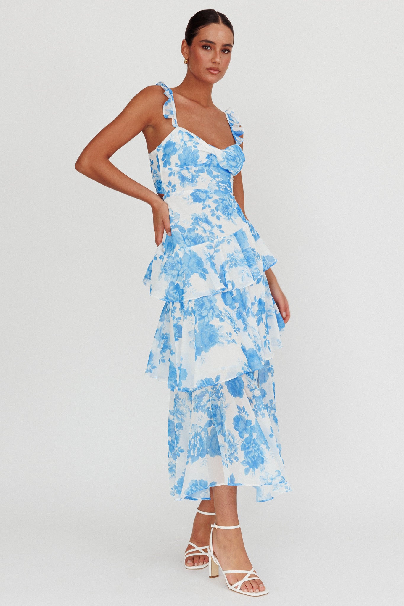 Veda Ruffle Strap Split Maxi Dress Floral White/Blue XL