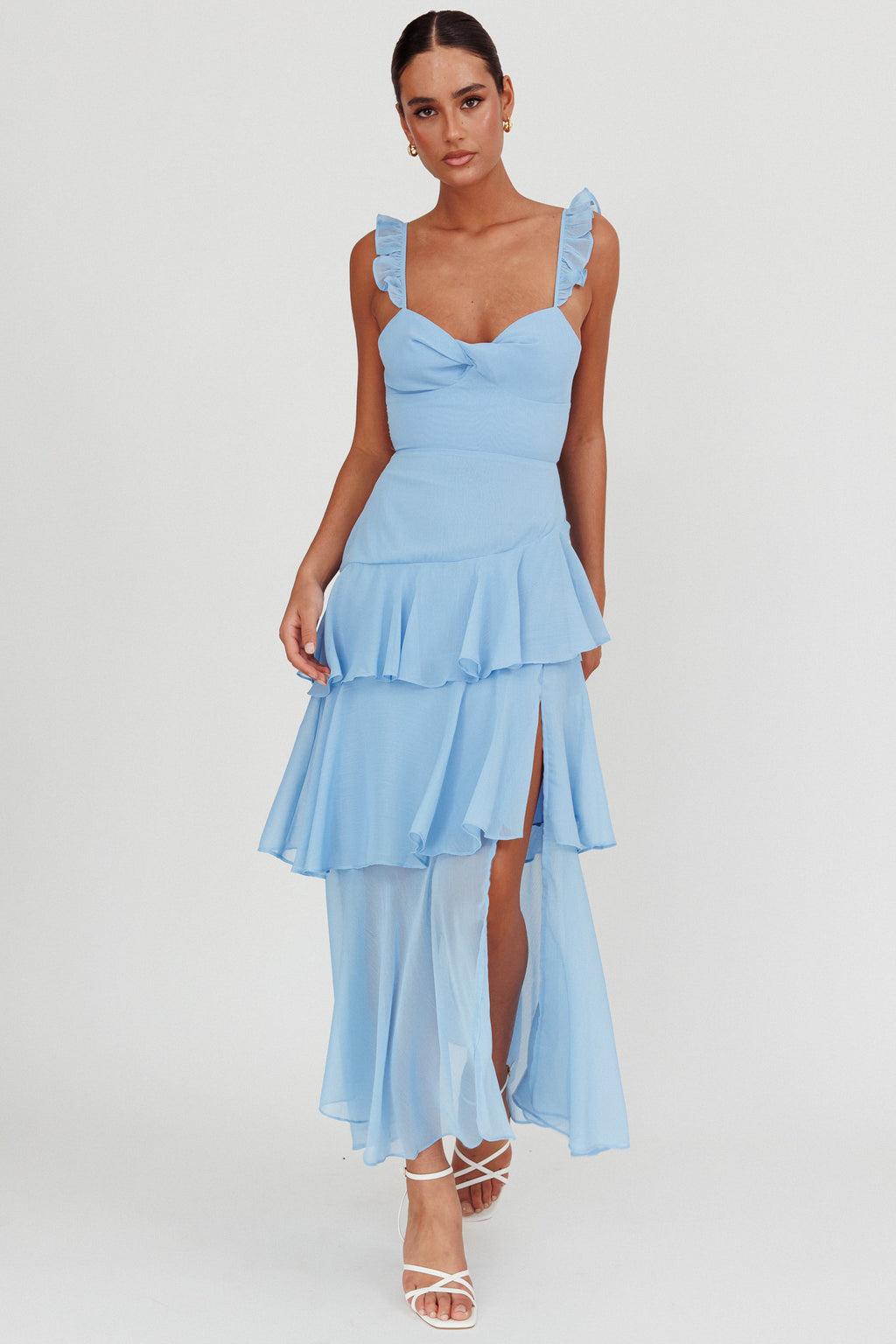 Veda Ruffle Strap Split Maxi Dress Blue Selfie Leslie Veda Ruffle Strap Split Maxi Dress Blue Selfie Leslie