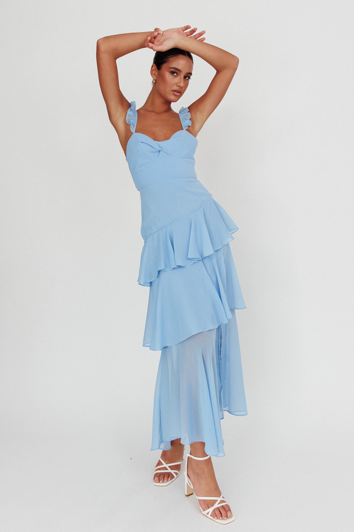 Veda Ruffle Strap Split Maxi Dress Blue Veda Ruffle Strap Split Maxi Dress Blue