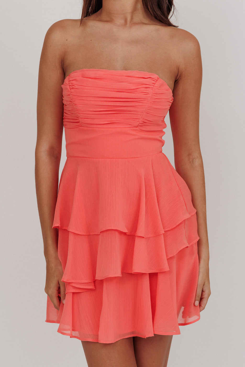 Veda Strapless Ruffle Mini Dress Peach by Selfie Leslie