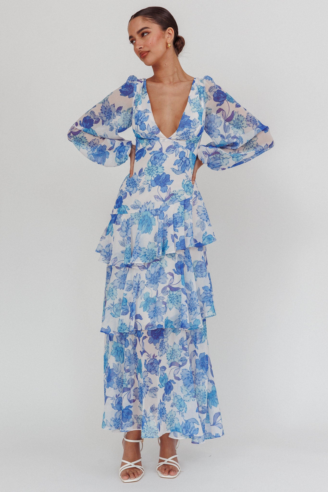 Veda Long Sleeve Floral Tiered Ruffle Maxi Dress Blue by Selfie Leslie