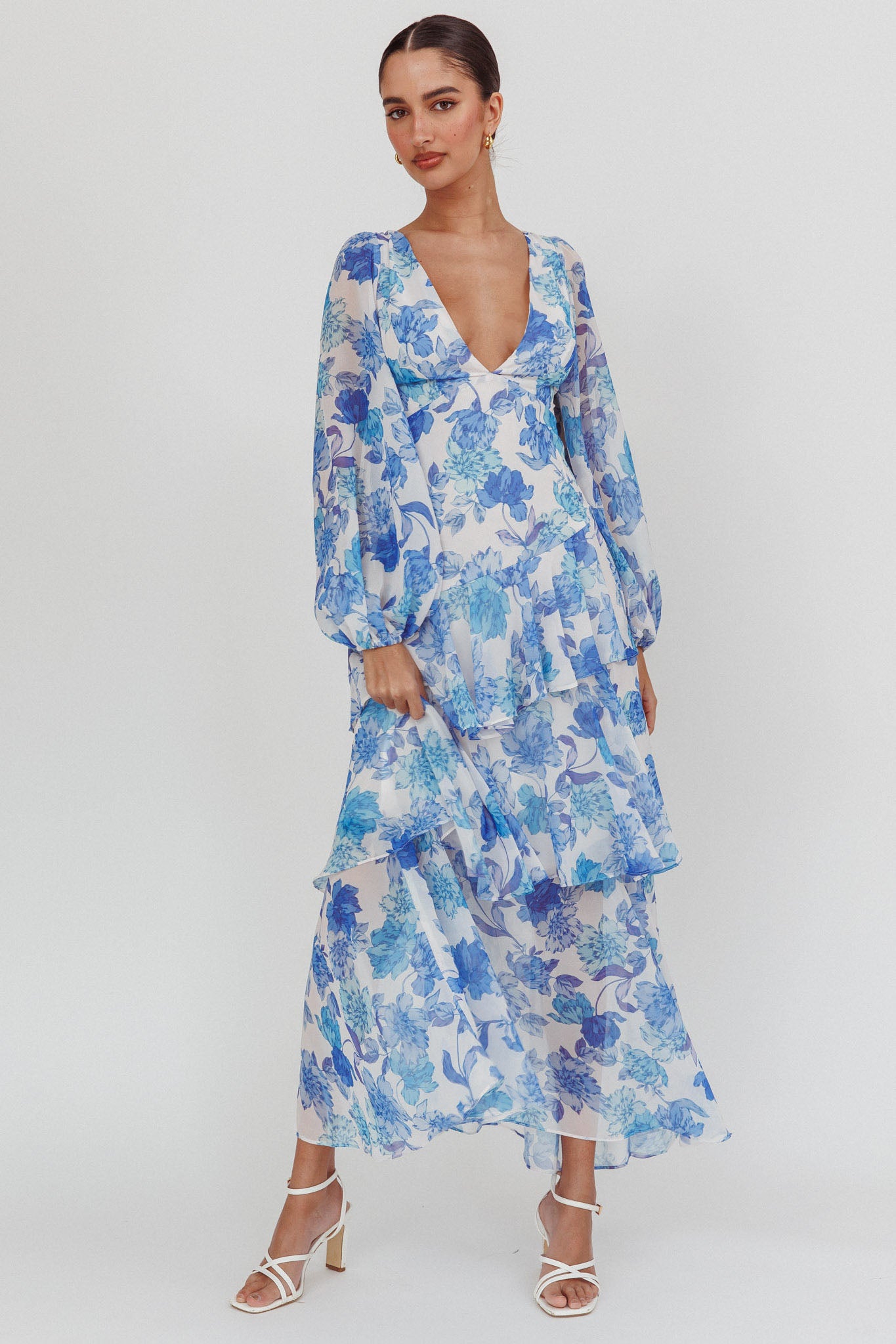 Veda Long Sleeve Floral Tiered Ruffle Maxi Dress Blue by Selfie Leslie