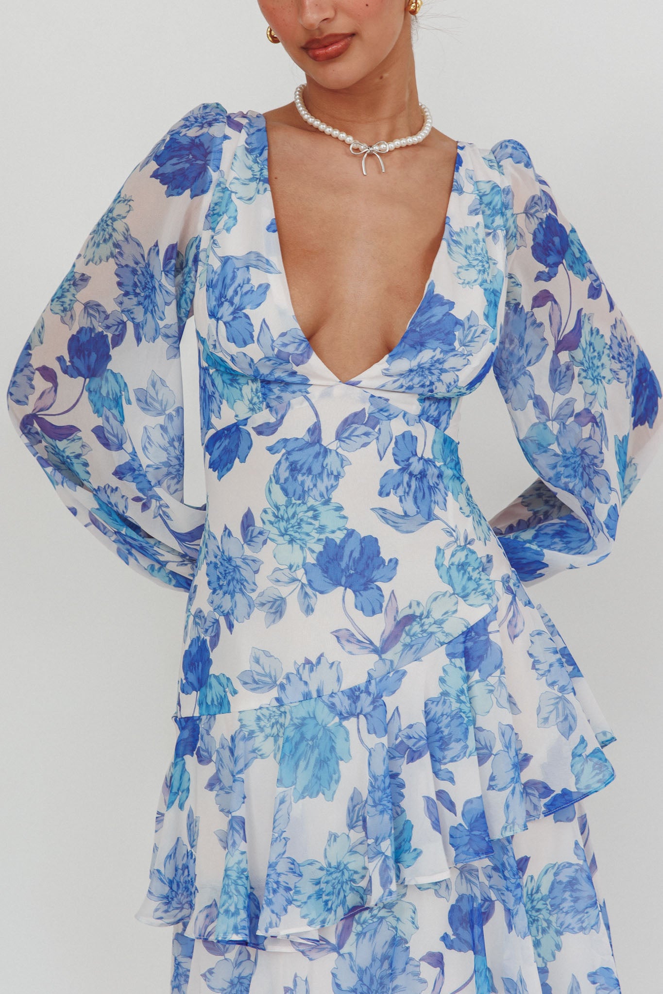 Veda Long Sleeve Floral Tiered Ruffle Maxi Dress Blue by Selfie Leslie